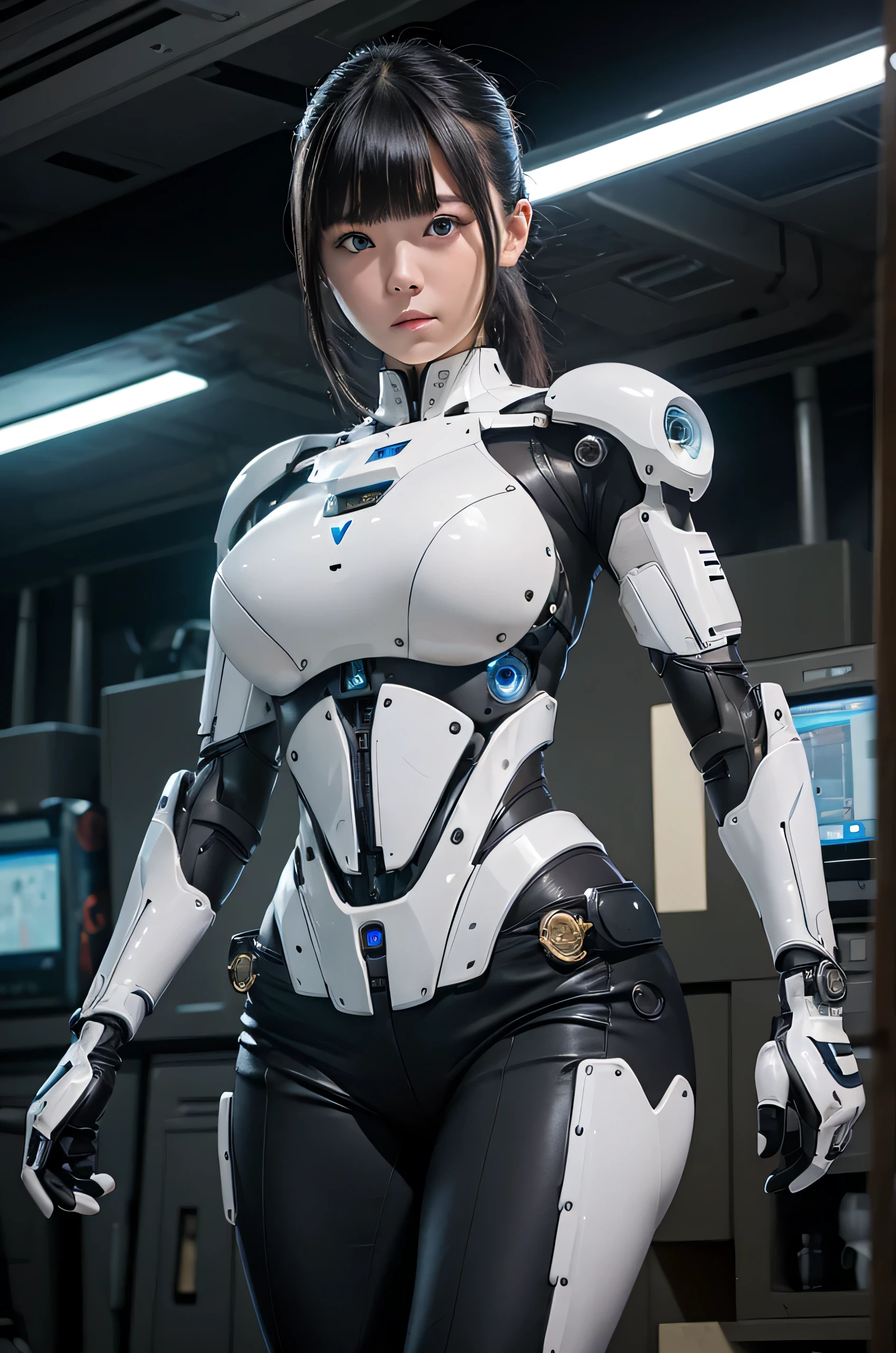 masterpiece, best quality, extremely detailed, Japaese android girl,Plump , control panels,android,Droid,Mechanical Hand, Robot arms,black hair,Blunt bangs,mechanical body, She is powered by electricity,white robot body,perfect mechanical body,black sponge joints,The removable cover is on the groin,The connection port is on the groin,access panel on the chest,sports wear,short pants,long gloves,dark black tights,She has repaired now,blue eyes