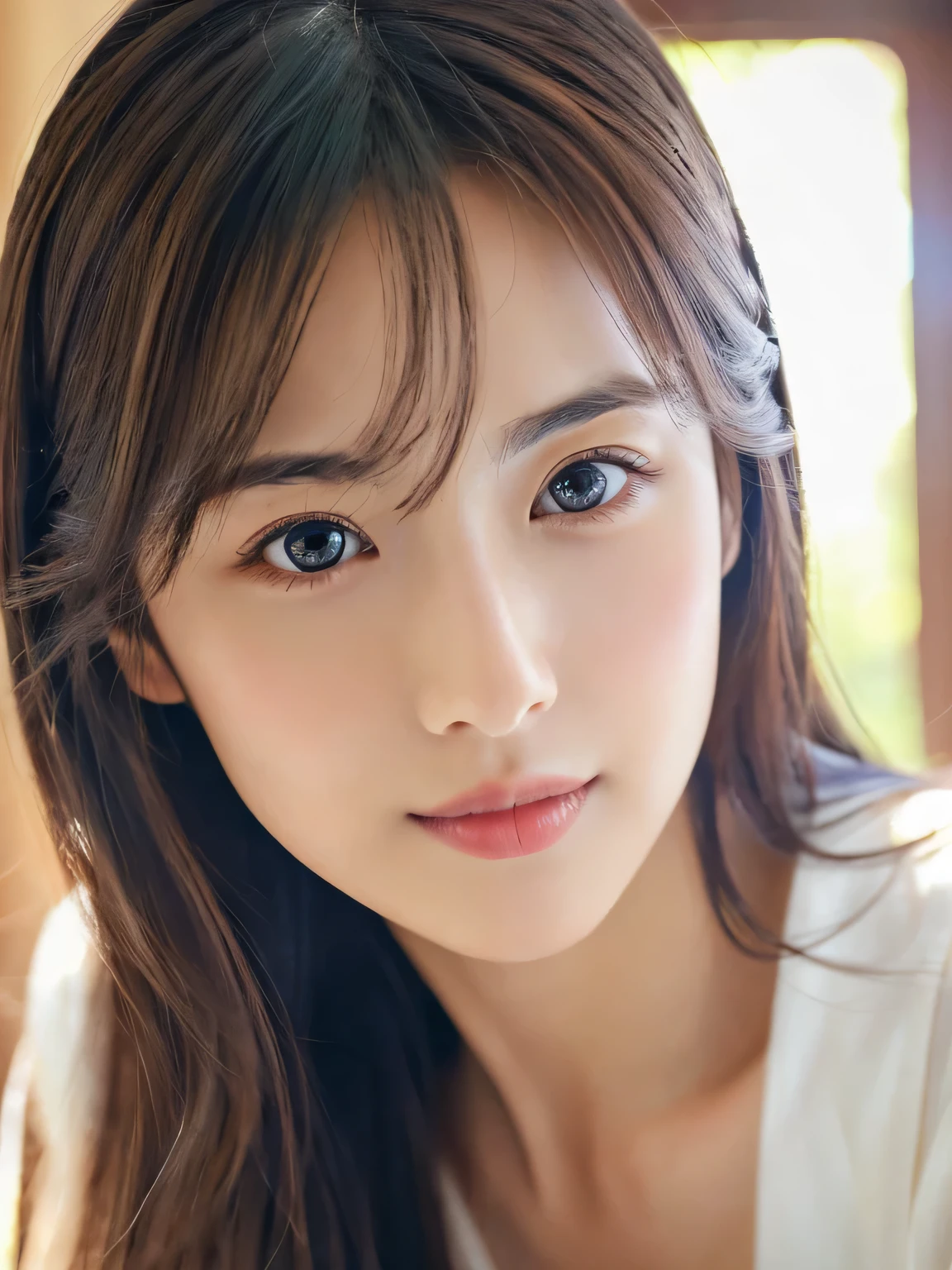 (((32k,high details,high detail、masterpiece,attention to detail,alone))),Raw photo & realistic atmosphere,beautiful dark blue eyes,detailed mouth,glossy lips,thin eyebrows,fine eyes、Soft white skin that shines in every detail、her deep black eyes are so beautiful,lip details、very beautiful face,very well-shaped face、lifelike face,shining beautiful lips,beautiful eyebrows,infinite reality, Realistic young gravure idol,she'she'she'she'she'she's a very cute woman , young gravure idol, young gravure idol, Very beautiful and cute 22 years old beautiful girl,incredibly beautiful and classy,22 years old beautiful girl,natural soft light,(shiny hair,,Beautiful and kind eyes:1.5),gentle smile,well-shaped chest,medium long hair,tie hair,beautiful posture,no makeup,think ahead,