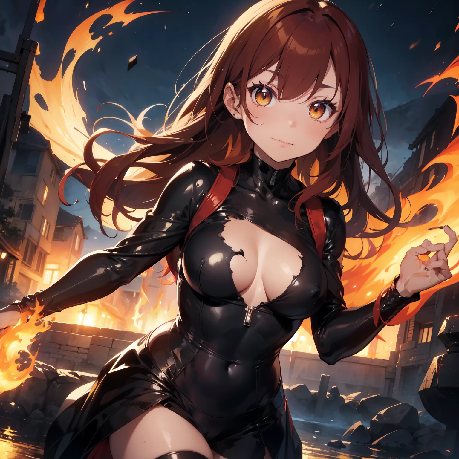 in color and uses the flames, masterpiece, best quality) an woman with very long red hair, neckline, black ribbons, bodysuit, cold look, queen, good anatomy, correct proportions, torn clothes, serious, mysterious appearance, blood, emotionless, evil, (yellow eyes), gothic, large chest, cinematics, color oil painting, solo, cinematic lighting, extremely detailed face, finely detailed face, beautiful face, beautiful eyes, perfect lighting, depth of field, realistic proportions, good anatomy, ((((Obra maestra, La mejor calidad, ultrahigh resolution)))), 1girl, standing, (sexy latex costume), looking at the viewer,