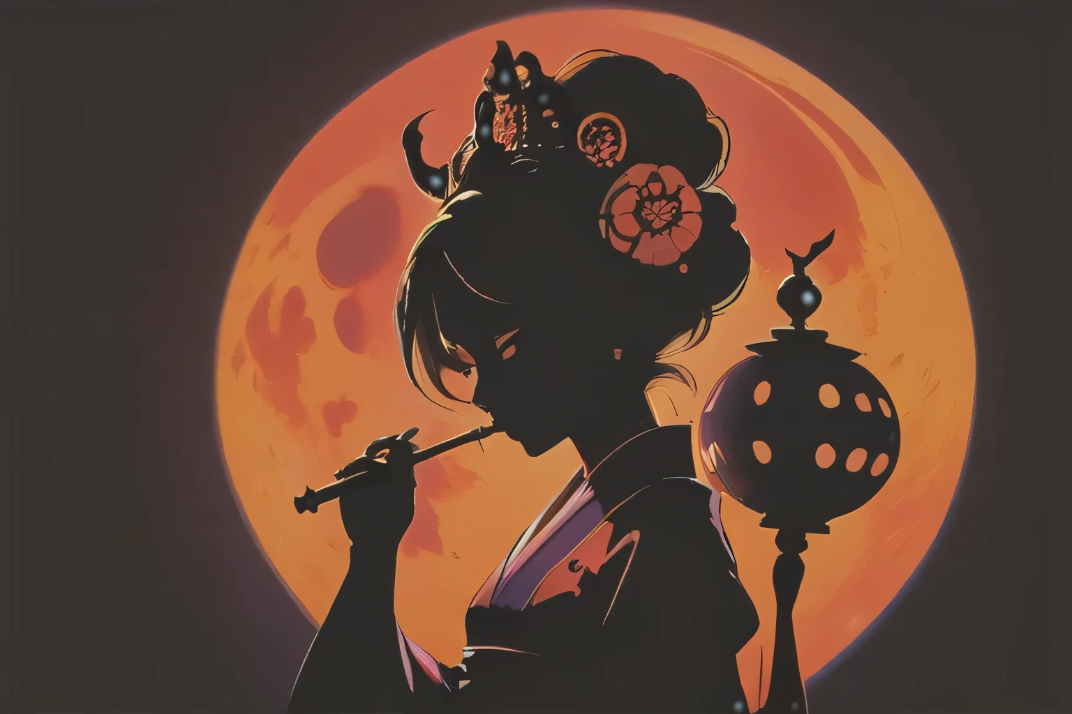 mate piece, Oiran, With a pipe in hand, logo, monotony, moon, A glittering red light district, silhouette, masterpiece,