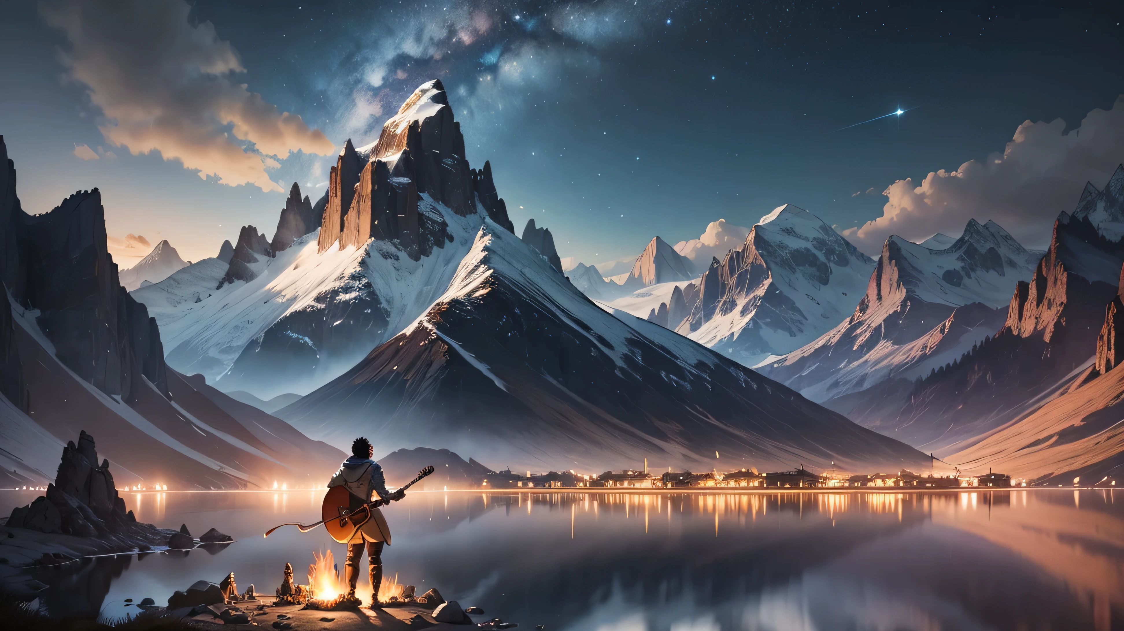 high fantasy, male hero with musical instrument, standing triumphantly, dynamic light, Mountain, night, performer, moonlight, campfire, Reflection lake on the background, surreal, highest quality, black hair, Medieval, Castle on top of Mountain in the background, Cow on background (Herd of cows, grazing, horn, bull)