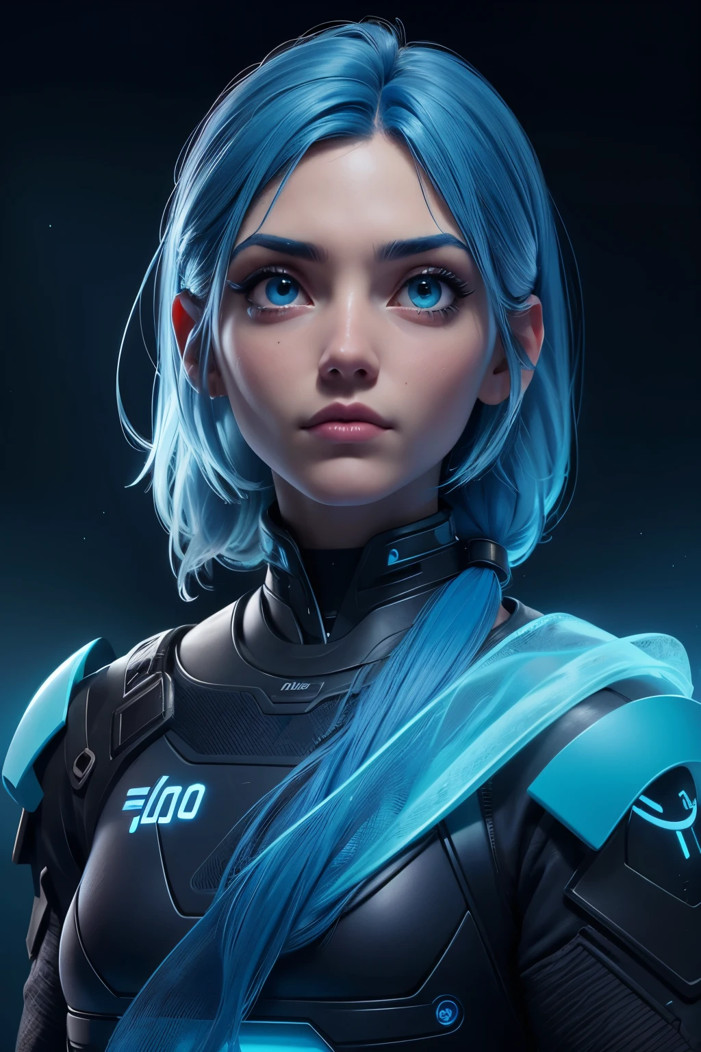 [:Obra maestra:0.8], 1 chica, azul hielo, pelo azul, pelo absurdamente largo, retrato, fondo de pantalla, Science fiction.