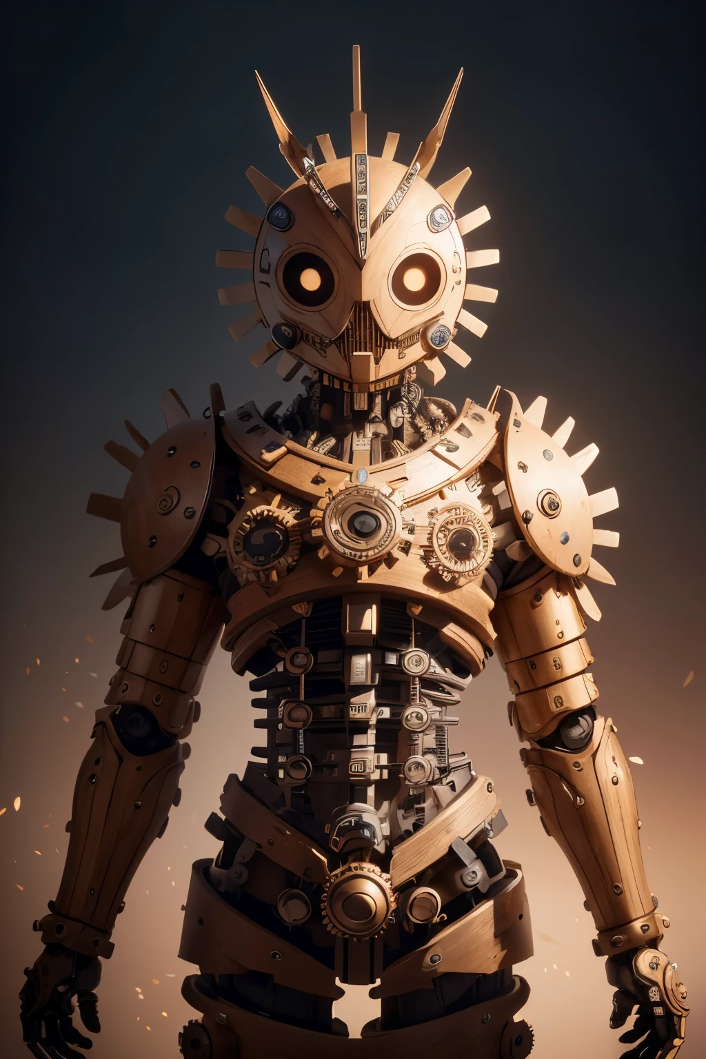 ((Obra maestra, of the highest quality, Maximum image quality, high resolution, fotorrealista, foto cruda, 8K)), mechanical puppet, Its body is made of gears and a wooden frame.. Fondo blanco, Un laboratorio en blanco, 