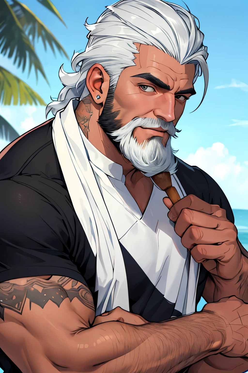 Desenho um homem moreno magro forte barba preta bem longa cheia cabelos preto com branco raspado do lado de terno e gravata