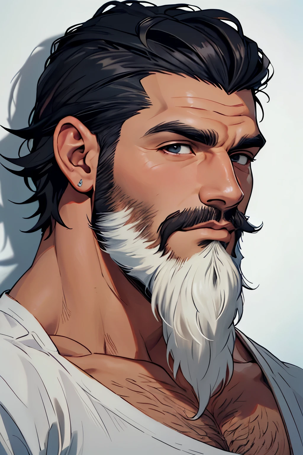 Desenho um homem moreno magro forte barba preta bem longa cheia cabelos preto com branco raspado do lado de terno e gravata