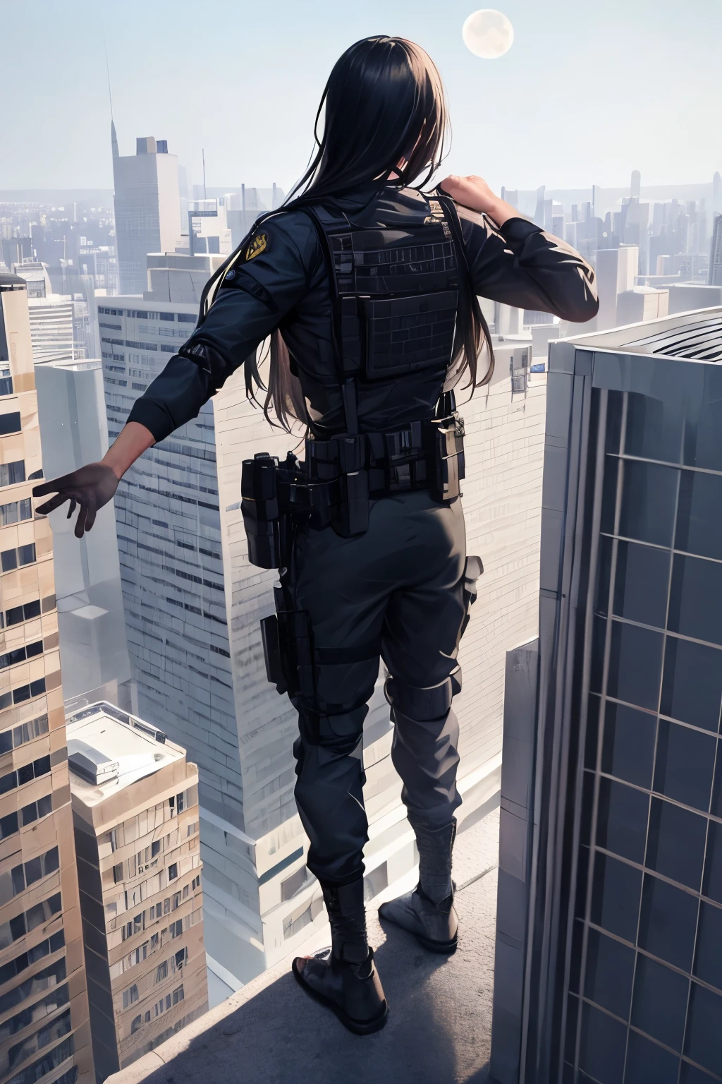 Generate an image of a man of Asian origin, with fair skin and athletic body. He has long black hair that reaches his waist. Your right eye is robotic, The man is dressed in black tactical clothing, suggesting a military or surveillance profession or lifestyle. He is standing on a roof of a skyscraper in a modern city, com luzes da cidade ao fundo. He's looking at the full moon in the night sky, giving the scene a feeling of serenity and contemplation, perhaps indicating a moment of reflection or contemplation by the character on the world around them. ((Melhor qualidade)), ((obra de arte)), (detalhado).