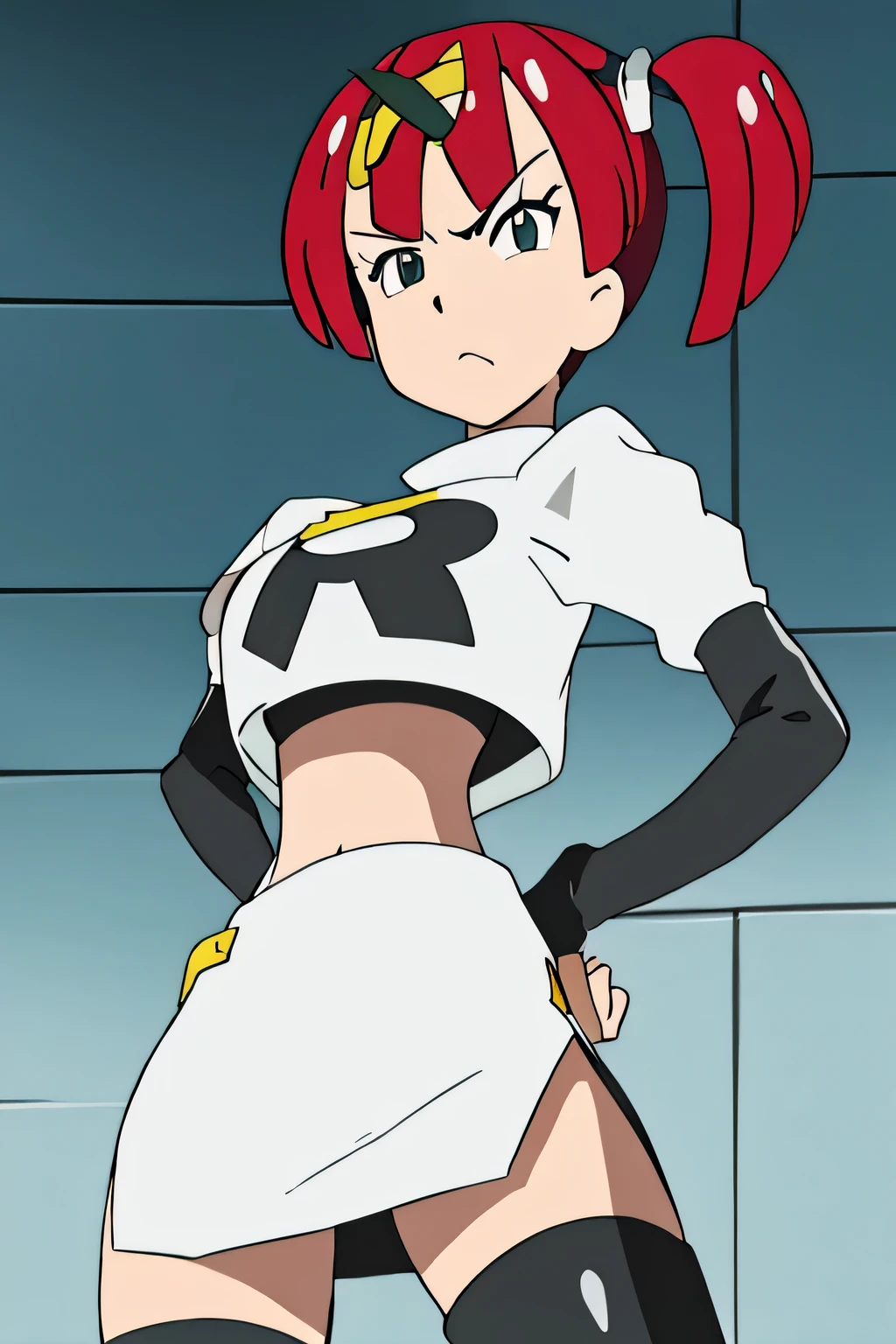 8k, masterpiece,highres,very large breast, team rocket uniform, red letter r, white skirt,white crop top,black thigh-high boots, black elbow gloves, glaring angrily, looking down at viewer, hands on hips, cowboy shot, zettai ryouiki,from below, black panties,anime style, vivid colors, sharp focus, intense lighting,sango