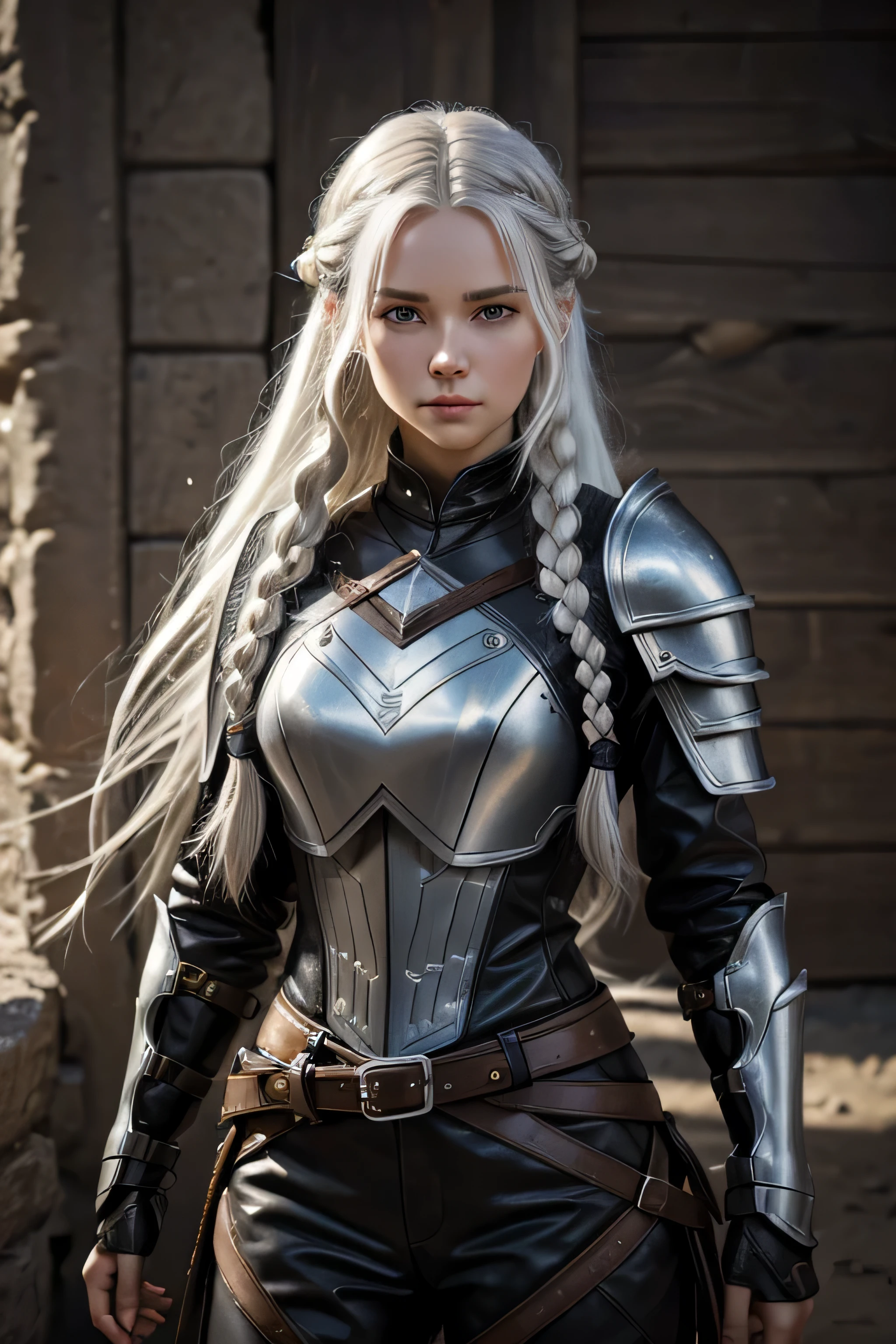 1 female ranger, long white hair, braided hair, grey eyes, beautiful face, wearing leather armor, absurdres, high res, ultrasharp, 8K, masterpieceThe image should be of absurd resolution and high detail. It should be ultra-sharp and available in 8K resolution, representing a masterpiece in image quality.