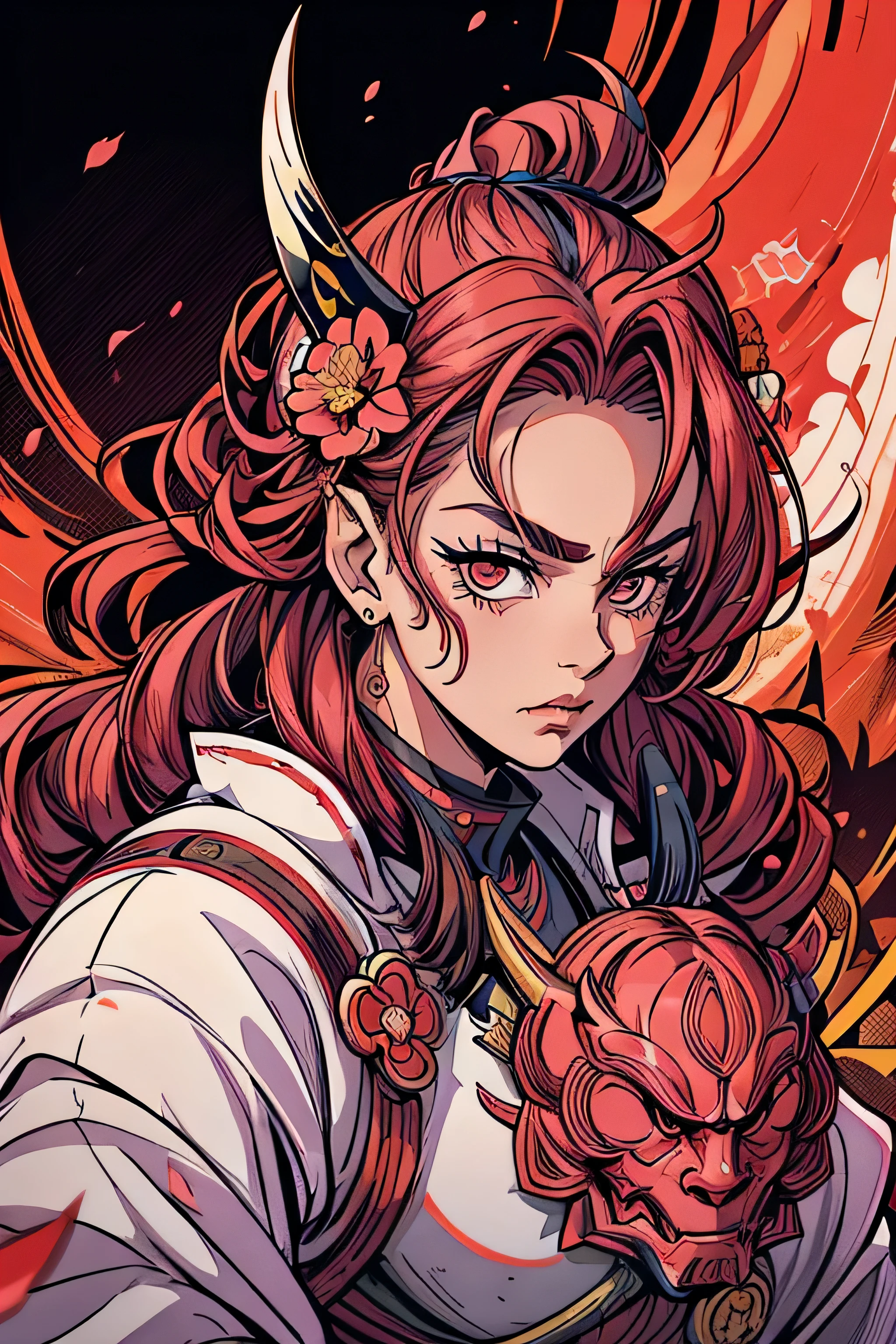 mulher samurai, cabelo loiro, mechas rosas no cabelo, face of fury, looking directly at the camera, paleta de cores rosa, flores cerejeira, cherry petals, with samurai mask.