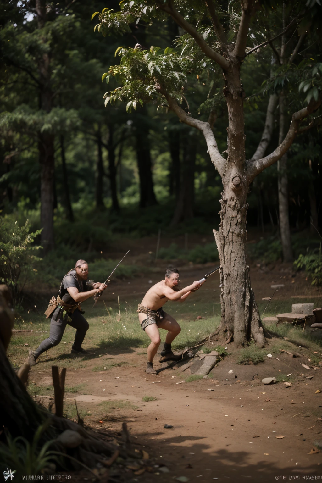 a combat scenario for a tabletop rpg, de uma floresta com arvores gigantes e com um pouco de particulas magicas no ar