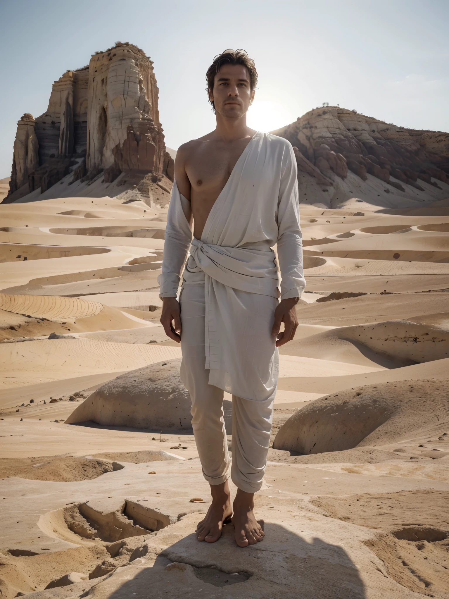 "barefoot man, very detailed eyes and feet, carved in white marble, on a rectangular block of irregular marble, no deserto, stands out against the arid backdrop. Ambos esculpidos do mesmo material, the film light, panoramic shot, is very breathtaking, very realistic, 8k quality, hyper realistic, ultra realism