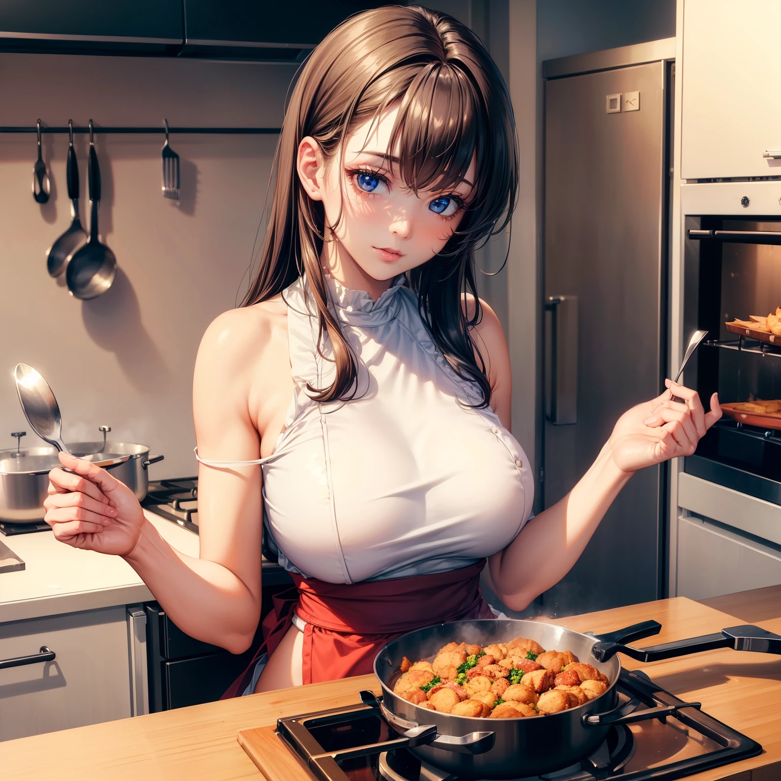 ((Best Quality, 8K, Masterpiece: 1.3)),1girl ,Perfect Body , wearing skirt, wearing top ,realistic shaded perfect body, shiny skin, (((cooking))), cooking cookies,big_breasts, cute , kitchen 