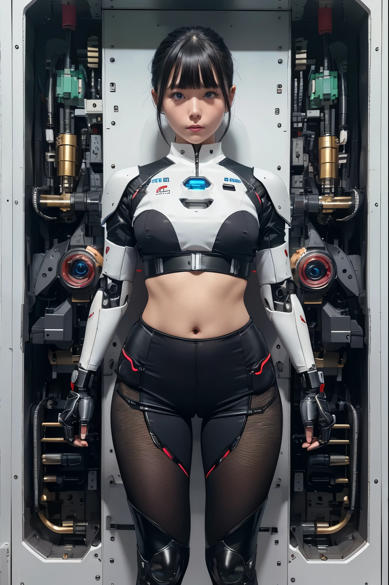 masterpiece, best quality, extremely detailed, Japaese android girl,Plump , control panels,android,Droid,Mechanical Hand, Robot arms,black hair,Blunt bangs,mechanical body, She is powered by electricity,white robot body,perfect mechanical body,black sponge joints,The removable cover is on the groin,The connection port is on the groin,access panel on the chest,sports wear,short pants,long gloves,dark black tights,She has repaired now,blue eyes