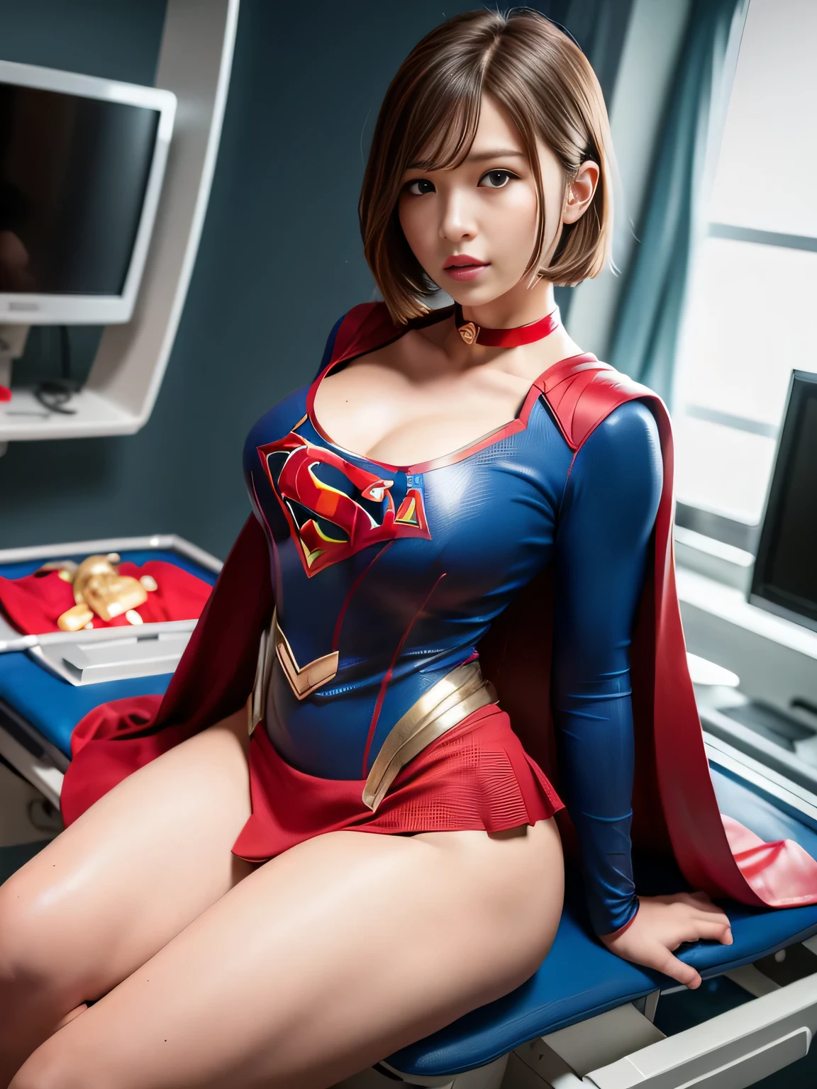 masterpiece、supergirl costume、short hair、barefoot、big and full breasts、operating room、operating table、straddle、corrupted、shiny、look at the camera、Seduce、choker、red mini skirt、long sleeve、