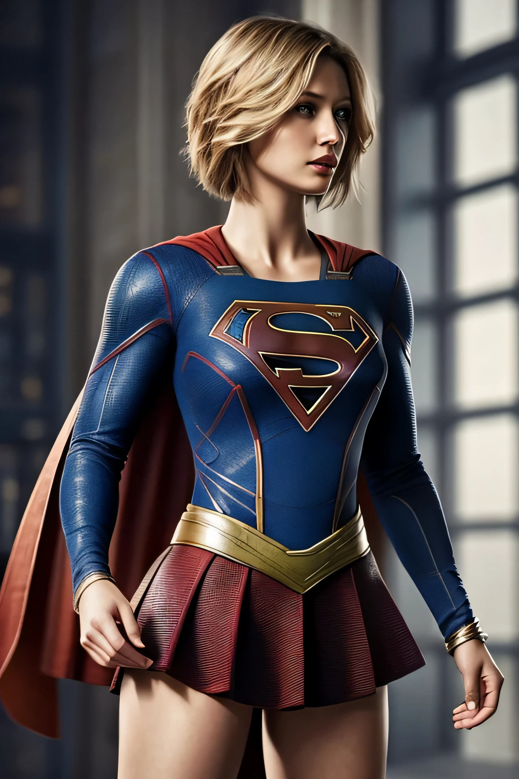 best quality, realistic, photorealistic, award-winning illustration, (intricate details: 1.2), (delicate detail), (intricate details), (cinematic light, Supergirl with extremely sexy short hair