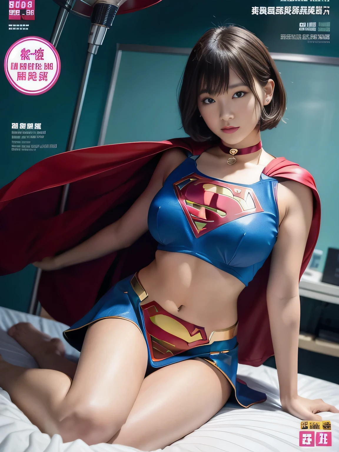 highest quality、masterpiece、Short-haired Supergirl sleeping in the operating room、plump breasts、look at the camera、choker、barefoot、magazine cover、High leg、mini skirt、tight costume、confused、wide open legs、obscene、Show me a glimpse、Fluttering cloak、
