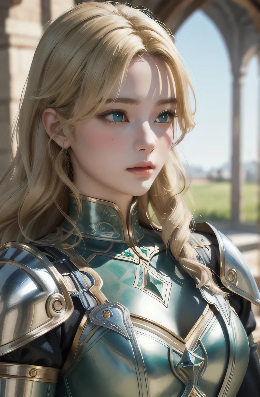 1 girl, masterpiece, highest quality, 8K, whole body、detailed skin texture, fine cloth texture, beautiful and detailed face, intricate details, super detailed, european girl, green eyes, blonde is curly, 3D character, medieval knight