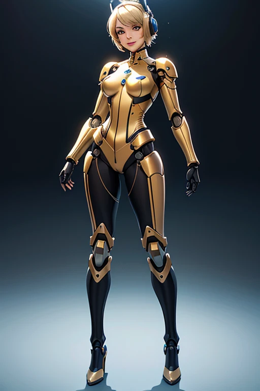 (masterpiece, highest quality, highest resolution, clear_image, Very elaborate CG, cinematic lighting, ray tracing, drop shadow, Detailed details, (realistic: 1.4),whole body, 3 people,high quality texture, fine-grained, realistic facial expressions): (single girl, golden hair girl, short hair, small size breasts, Sparkling black eyes, eye level shot, ball joint,mecha musume, Full view of internal skeleton, robot joints, mechanical parts, robot joints, headgear, mechanical harrow, hello star, electromechanical bodysuit, mech corset, , full armor,light smile, beauty, Because I&#39;m slender, headset, Knee-high boots, gloves)