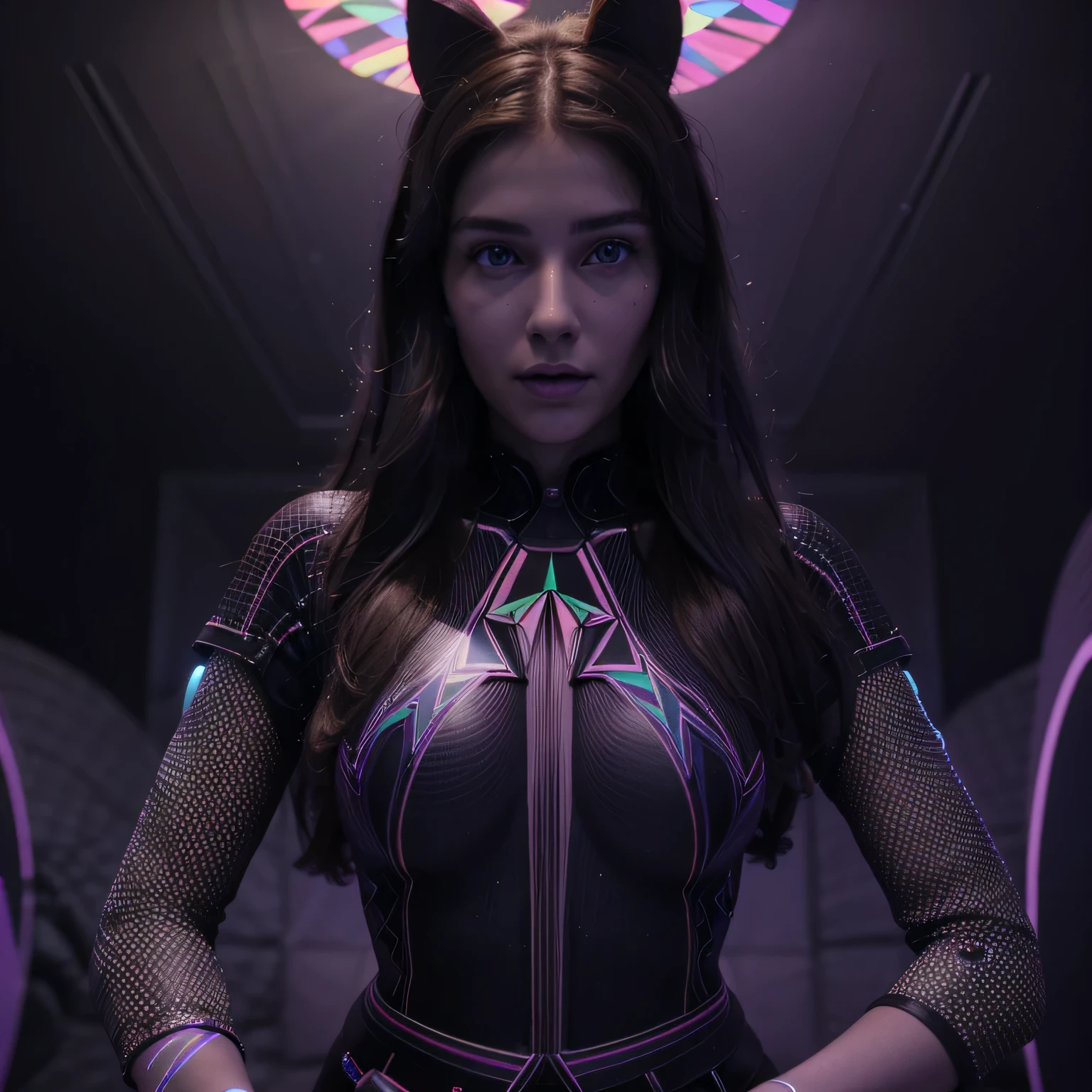 Albanian, girl, long brown hair, blue eyes, 40DD, Easter bunnies, 2 Brunnettes, Lingerie, Starry skyline, Psychedelic experience, Cuddling, Sensual atmosphere, a picture of a (3DMM picture of a woman, (3 d depth of field: 1.4)) in a 3 d picture frame, 3DMM frame of lights, illusion of disappearing to infinity, RGB led point lights disappear inward from edge, infinity mirror, 3 d neon art of a womens body, psychedelic photoluminescent, vivid!!, psychedelic lighting, psychedelic black light, by Jon Coffelt, lsd visuals, neon version of style jim burns, ledspace, skin made of led point lights, RGB led effects