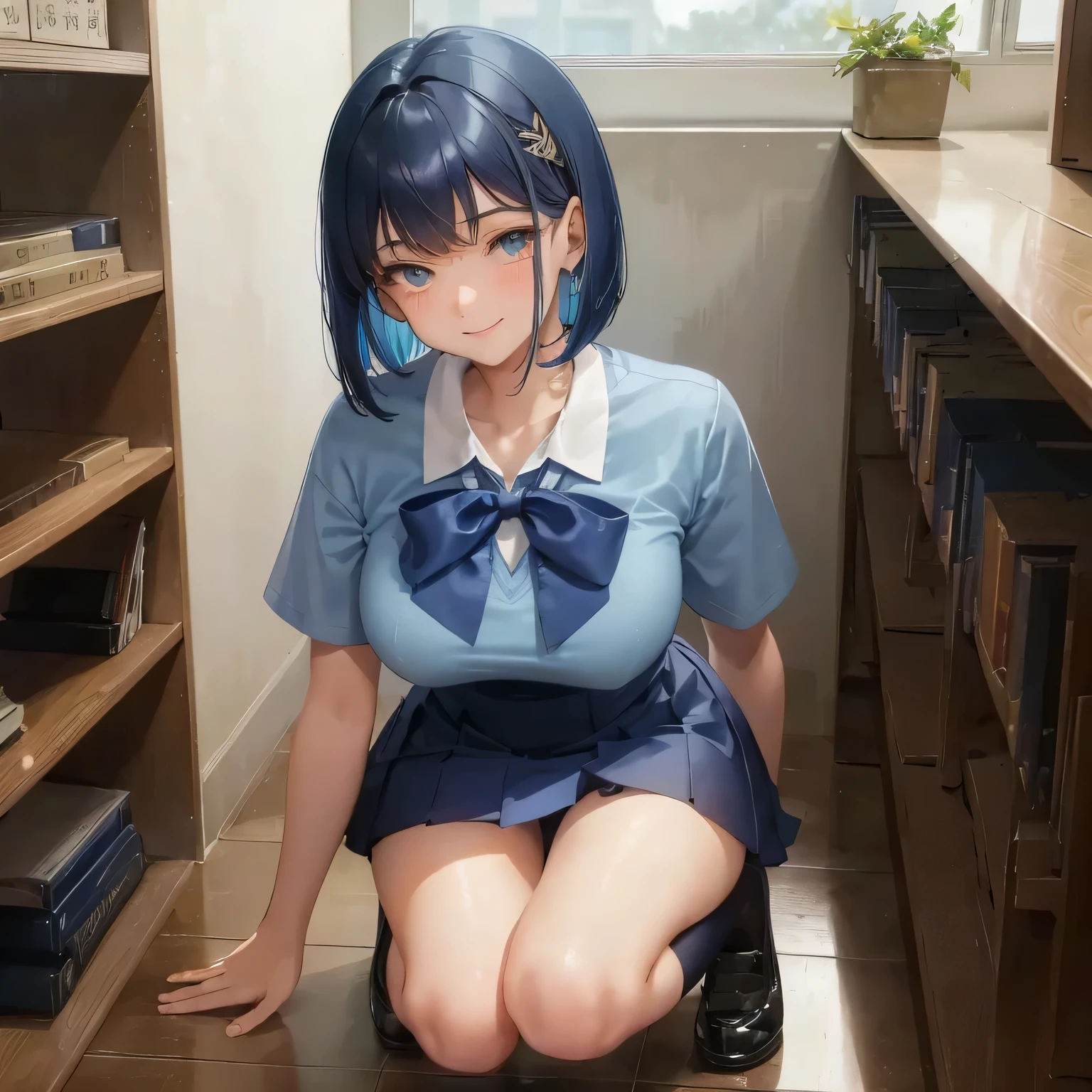 1 high school girl　 woman　bob cut　dark blue hair color　high school uniform　light blue y shirt　short sleeve　blue ribbon　dark blue hair color　Slender body type　big breasts　full body portrait　school library　smile gently　cheerful look　Library　hand sign　squat　kneel down　look up here　navy high socks