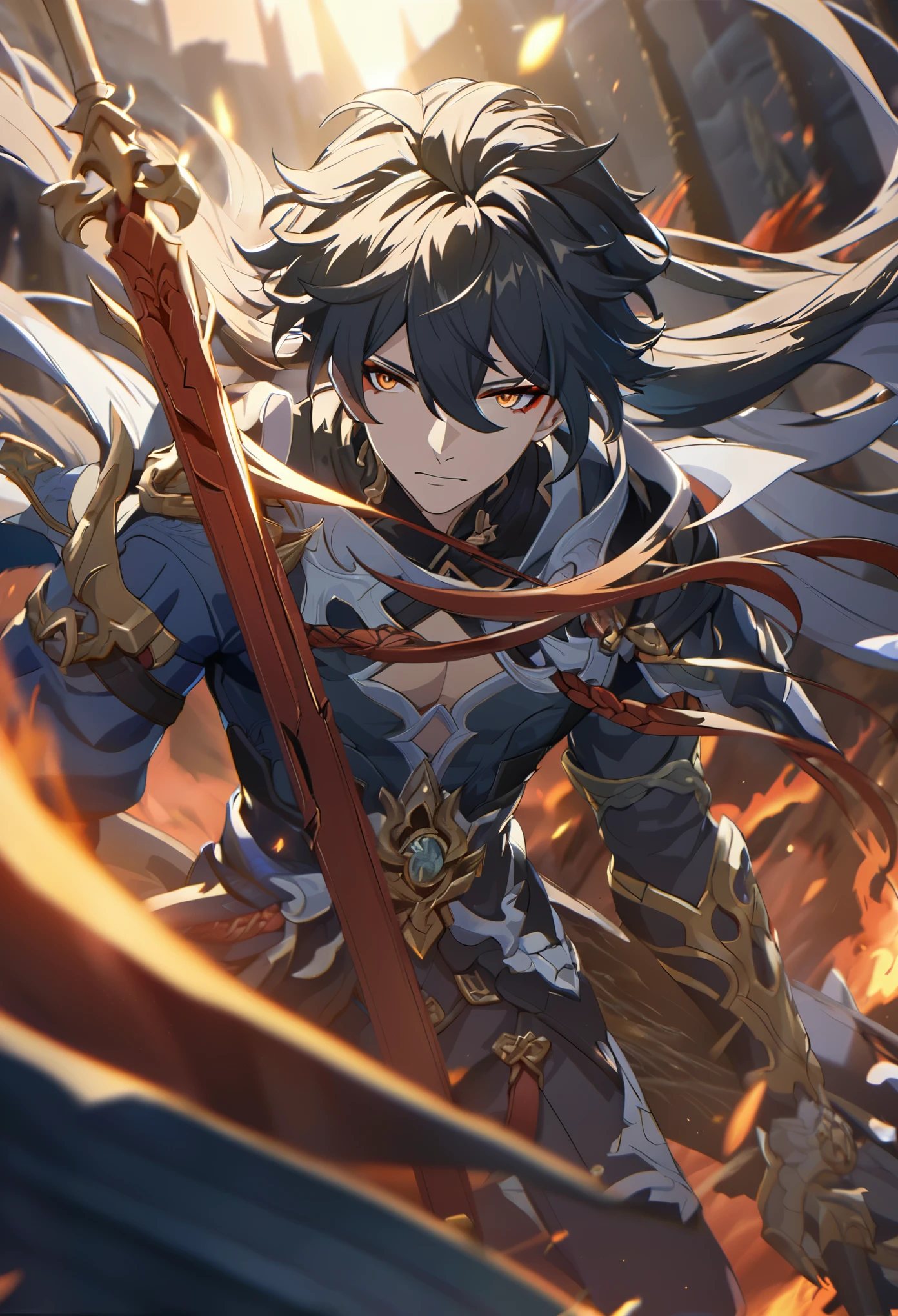 ((solo)), (man), dark orange eyes, black hair, very long hair, messy hair, dark orange colored inner hair, a close up of a person with a sword in a desolate land surrounded by demons and monsters, a burning battlefield, epic battle scene, detailed key anime art, honkai star trail character, casimir art, masamune shiro, masamune, handsome guy in demon slayer art, genshin, heise jinyao, shadowverse style, (no logos), DOOM hell, black powers, red infernal scenery, detailed clothes, eye reflection, depth of field, cinematic lighting, ray tracing, depth of field, cinematic lighting, ray tracing, UHD, high details, best quality, highres, high quality, award winning, super detail, masterpiece, 8k, UHD, high details, best quality, highres, high quality, award winning, super detail, masterpiece, 8k, digital art, anime coloring