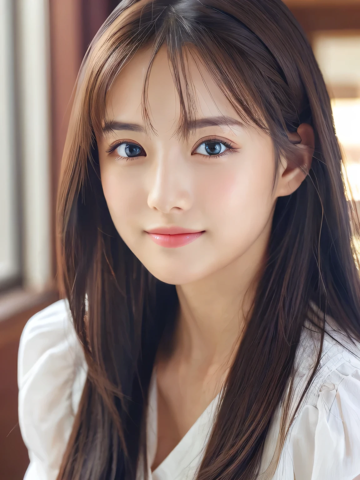 (((32k,high details,high detail、masterpiece,attention to detail,alone))),Raw photo & realistic atmosphere,beautiful dark blue eyes,detailed mouth,glossy lips,thin eyebrows,fine eyes、Soft white skin that shines in every detail、her deep black eyes are so beautiful,lip details、very beautiful face,very well-shaped face、lifelike face,shining beautiful lips,beautiful eyebrows,infinite reality, Realistic young gravure idol,she'she'she'she'she'she's a very cute woman , young gravure idol, young gravure idol, Very beautiful and cute 22 years old beautiful girl,incredibly beautiful and classy,22 years old beautiful girl,natural soft light,(shiny hair,,Beautiful and kind eyes:1.5),gentle smile,well-shaped chest,medium long hair,tie hair,beautiful posture,no makeup,think ahead,A little camera gaze