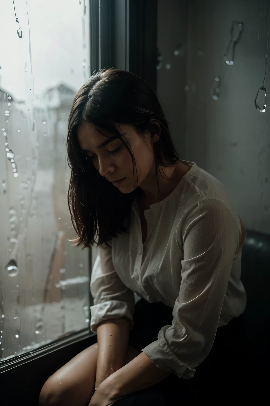 The image depicts a solitary figure sitting by a window, gazing outside with a pensive expression. The room is dimly lit, adding to the sombre mood. Through the window, a rainy scene is visible, with droplets sliding down the glass pane. The person's face reflects a mix of emotions - perhaps longing, introspection, and a hint of sorrow.