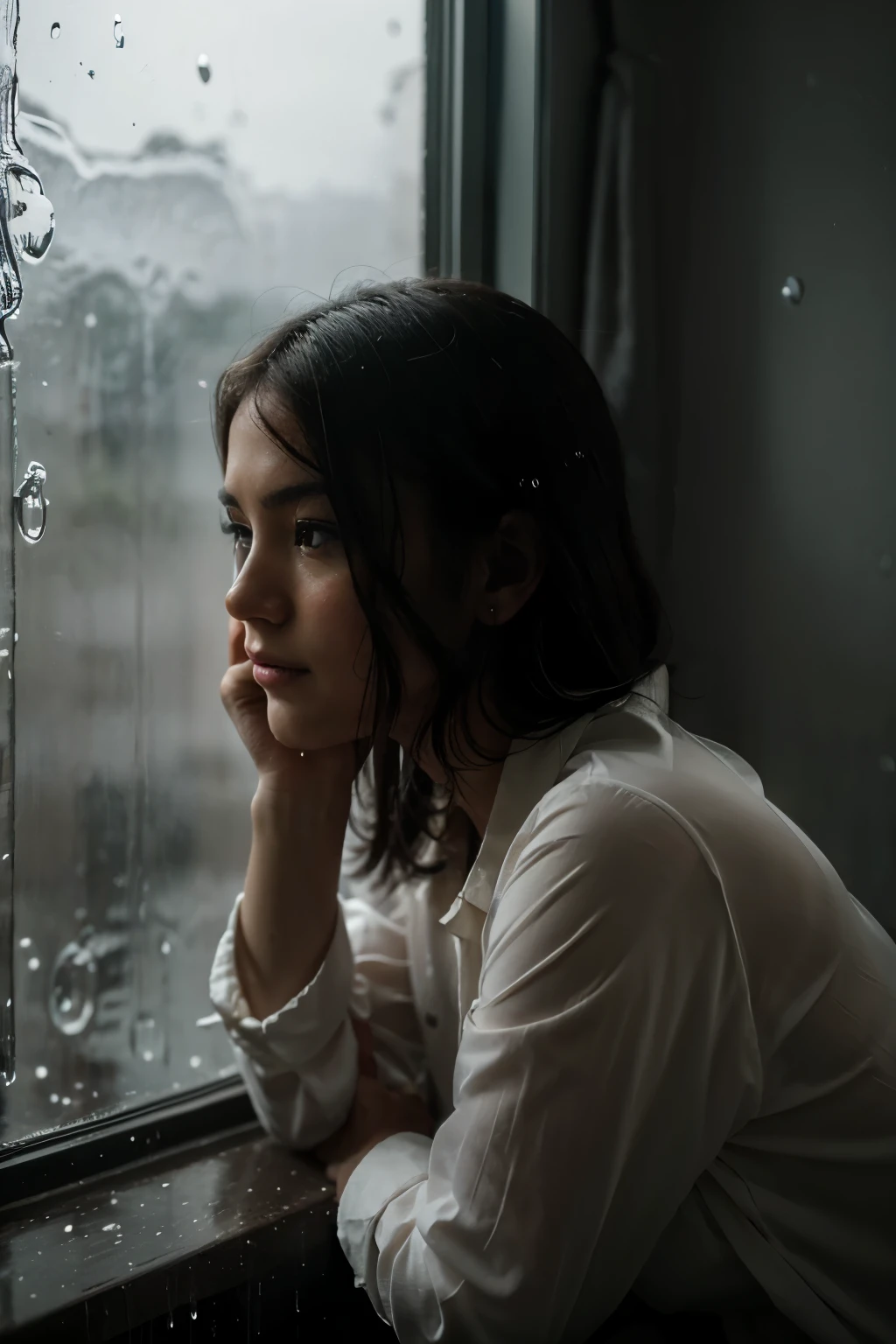 The image depicts a solitary figure sitting by a window, gazing outside with a pensive expression. The room is dimly lit, adding to the sombre mood. Through the window, a rainy scene is visible, with droplets sliding down the glass pane. The person's face reflects a mix of emotions - perhaps longing, introspection, and a hint of sorrow.