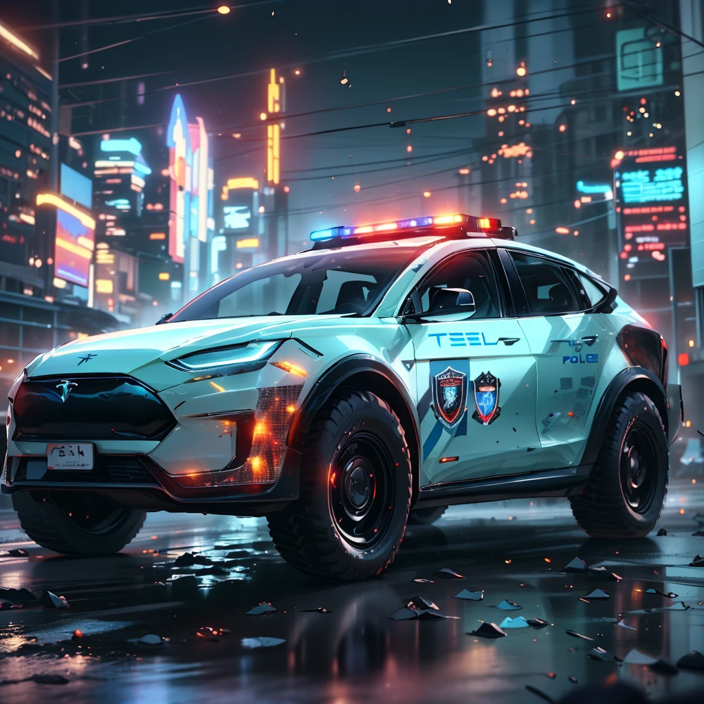 a closeup of a Tesla X police car in a city at night, Tesla Police, coche ciberpunk Tesla X, Octane 8k 3d rendering, trazado de rayos en, Tesla cyber truck , estilo cyberpunk hiperrealista, patrulla urbana Tesla X, trazado de rayos en epic settings, trazado de rayos x, coches de policia tesla , Arte conceptual de 8k de alto detalle, hecho en irreal motor 5, new Tesla X vehicle, Vehiculo, Transporte,