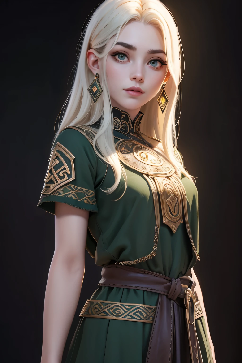 Obra maestra, Mejor calidad, 1 chica, Ojos verdes, pale skin, pelo negro oscuro, Pelo lacio, pelo medio, pendientes, joyas, vikingo, ropa verde, ropa marron, fondo sencillo, solo, parte superior del cuerpo