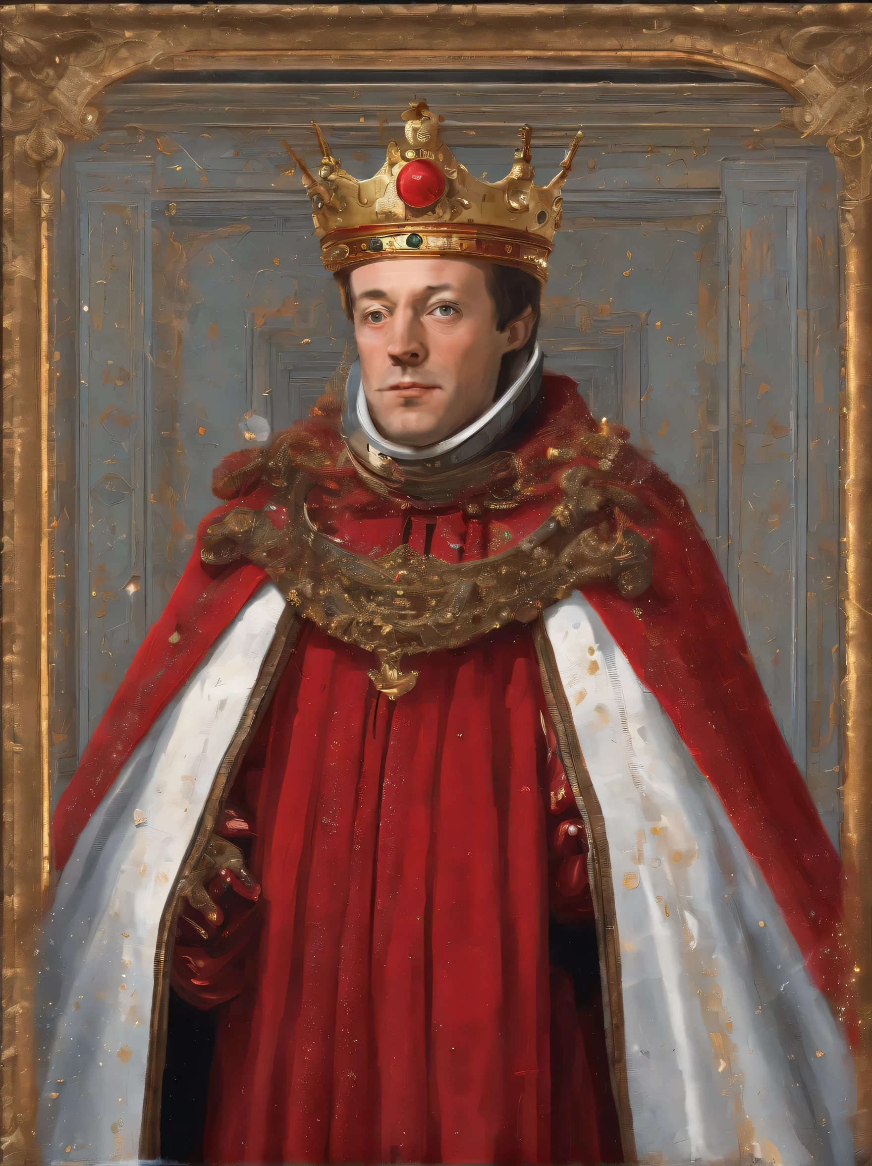 painting of a man in a red robe and crown standing in a red frame, inspired by Petrus Christus, fully clothed in red robes, by Darek Zabrocki, jehan georges vibert, dressed in a beautiful red cloak, by Petrus Christus, red cloth around his shoulders, portrait shot, by Salomon van Abbé