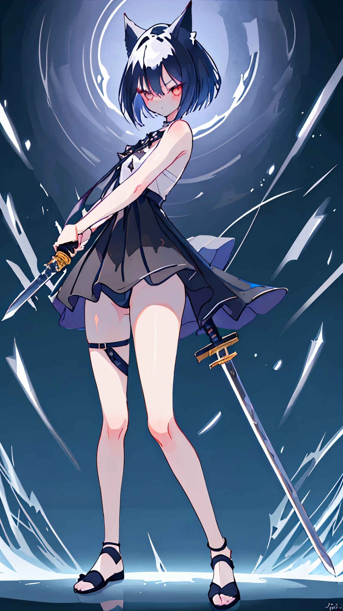 Masterpiece, Ultra high graphic, 1 Girl, ((Fran)), Black short hair, hair between eyes, Cat ears, ((Standing holding a holy sword:1.4)), (Fighting pose girl) Random low angle, cute, looking at viewer, blushing, little smile, mid-chest, spread legs, day atmosphere, soft skin, beautiful, Very sexy, nfsw, hands on pussy, legs opened