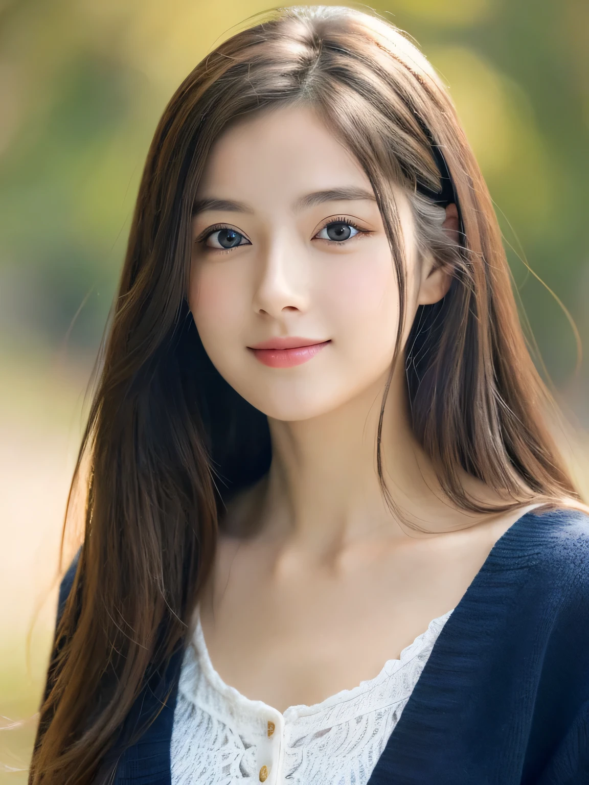(((32ｋ,high details,high detail、masterpiece,attention to detail,alone))),Raw photo & realistic atmosphere,beautiful dark blue eyes,detailed mouth,glossy lips,thin eyebrows,fine eyes、Soft white skin that shines in every detail、her deep black eyes are so beautiful,lip details、very beautiful face,very well-shaped face、lifelike face,shining beautiful lips,beautiful eyebrows,infinite reality, Realistic young gravure idol,she&#39;she&#39;she&#39;she&#39;she&#39;she&#39;s a very cute woman , young gravure idol, young gravure idol, Very beautiful and cute 22 years old beautiful girl,incredibly beautiful and classy，22 years old beautiful girl,natural soft light,（shiny hair,,Beautiful and kind eyes：1.5）,gentle smile,well-shaped chest,medium long hair,tie hair,beautiful posture,no makeup,think ahead,A little camera gaze
