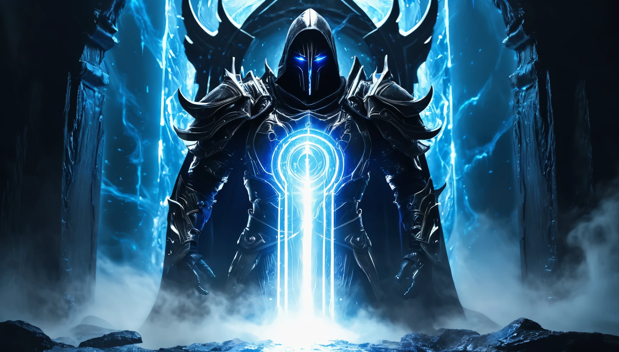 dark warrior, armor, black, shiny, is trapped by a portal, sending him to the abyss, white fog, blue glow rays coming out of the magical portal, chimeric image, dark lord trapped by the portal