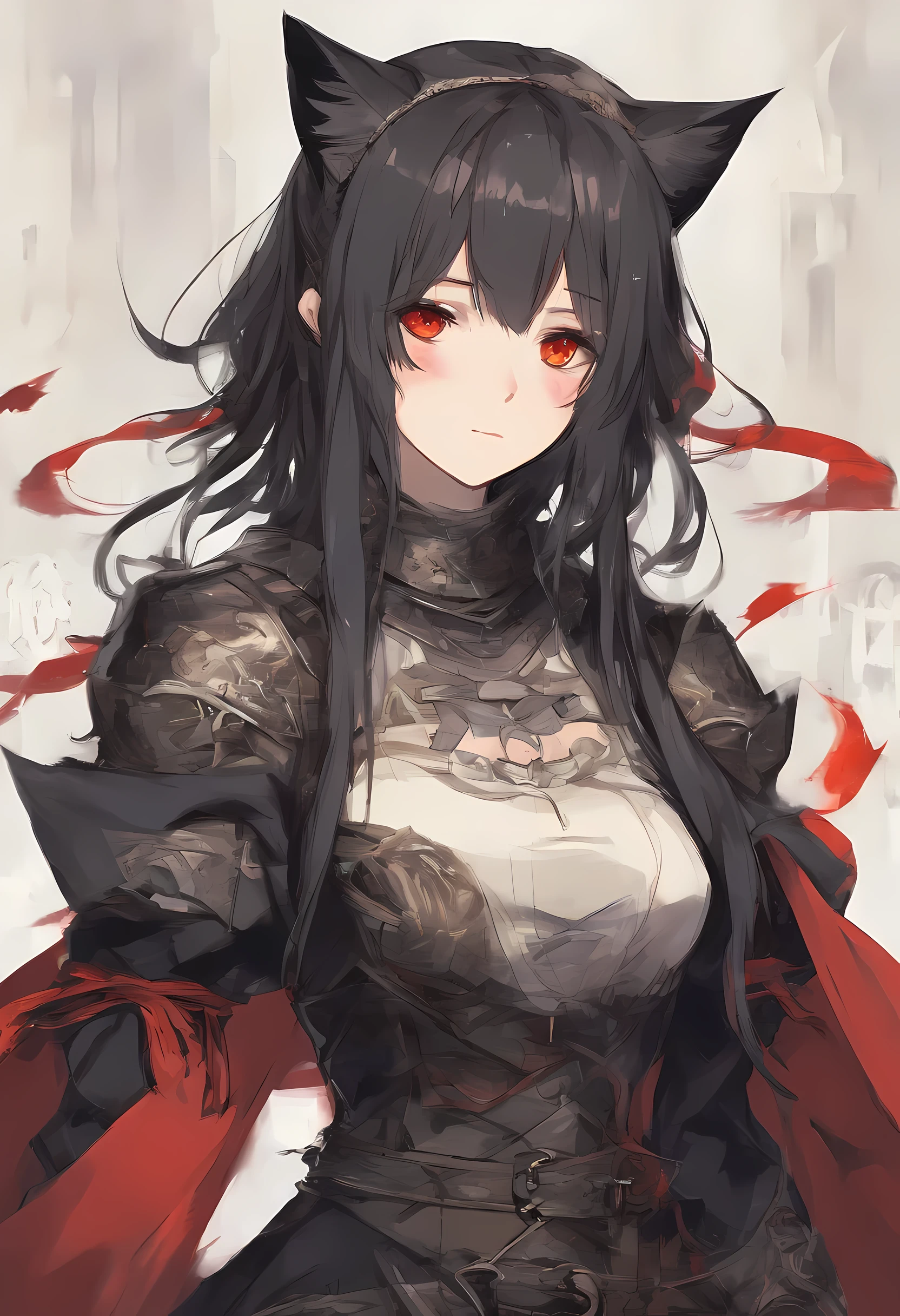 1 20 year old girl,((long hair slightly wavy slightly past the shoulders, black bangs, small black pigtails on the sides, cute cat ears, beautiful thin red eyes)), con armadura estilo darksouls el terreno muy medieval don fuego y un eclipse solar de fondo, darksouls 3