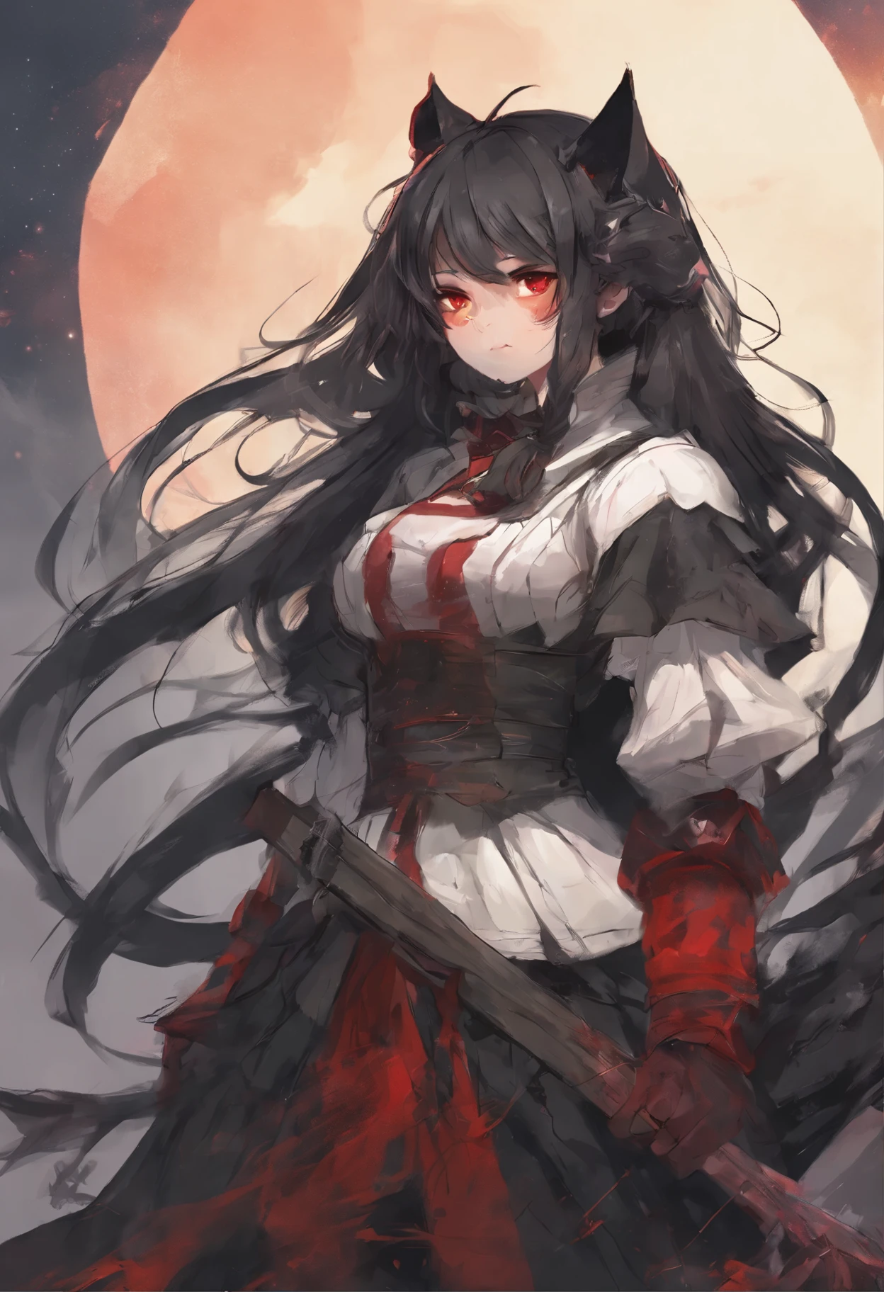 1 20 year old girl,((long hair slightly wavy slightly past the shoulders, black bangs, small black pigtails on the sides, cute cat ears, beautiful thin red eyes)), con armadura estilo darksouls el terreno muy medieval don fuego y un eclipse solar de fondo, darksouls 3