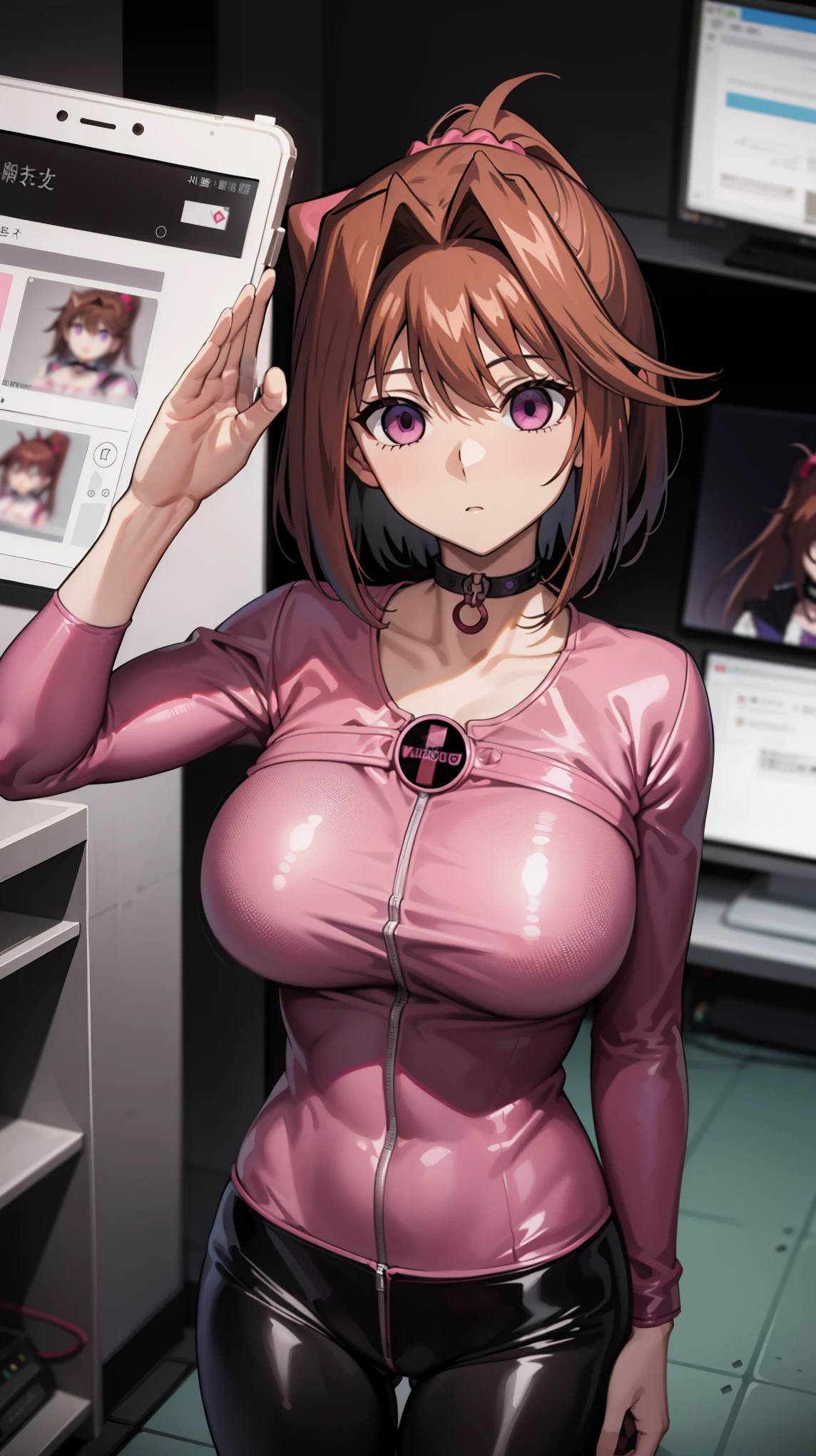 1 girl,NSFW,(((machine made choker))),  Kyoko Masaki,(Yu-Gi-Oh),AnzuDef,short hair, brown hair, hair ornament, high ponytail, ponytail,huge breasts, clavicle, Glowing purple eyes,absurd, brainwashing,empty eyes, ((No expression,erasure of emotions)), (black latex tight bodysuit),look away , full body figure,((stand up, salute)), (highest quality、4k、8K、High resolution、must have:1.2)、Super detailed、(reality、reality的なです、reality的な:1.37)、ticker、hyper hd、studio lighting、ultra definition paint、sharp focus、Physically based rendering、extreme details、Professional specifications、vibrancy and color、blurry、sports portrait、landscape、horror style、anime big breast、SF、photograph、concept artist、five fingers, perfect body,  {{{masterpiece}}}, {{{highest quality}}}, {{Super detailed}}, {shape}, {{very delicate and beautiful}},Improved cost performance、all roles、Canon 5D MK4でphotograph、photograph, 