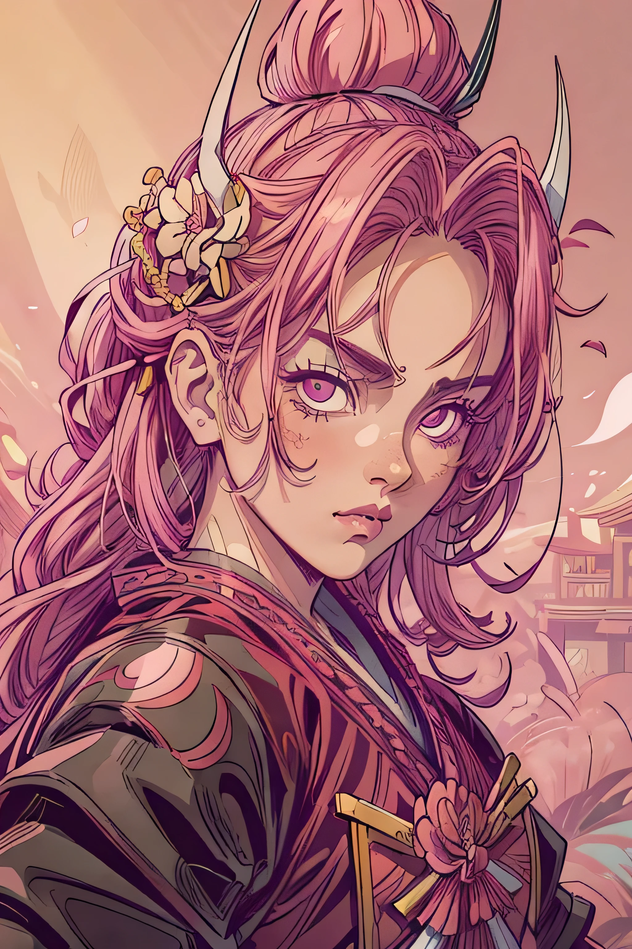 mulher samurai, cabelo loiro, mechas rosas no cabelo, face of fury, looking directly at the camera, paleta de cores rosa, flores cerejeira, cherry petals, with samurai mask, rosa pink, .
