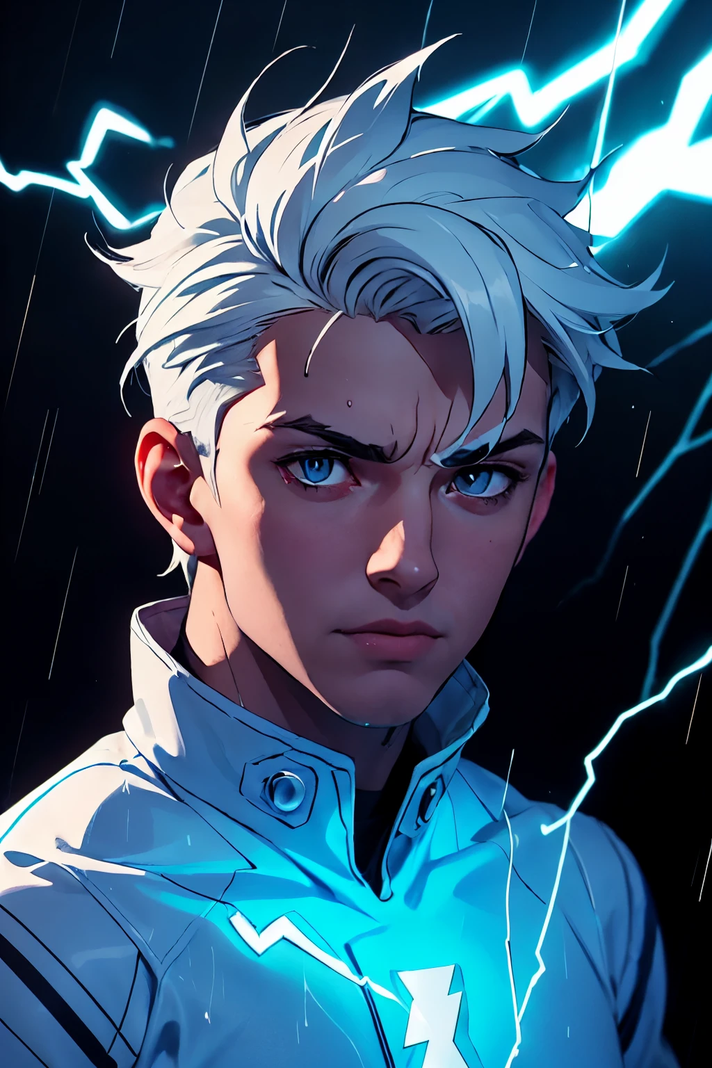 masterpiece,best quality,ultra-detailed,1boy,blue lighting,blue electricity,wrapped in electricity all over the body,black_background,rain,white hair,white