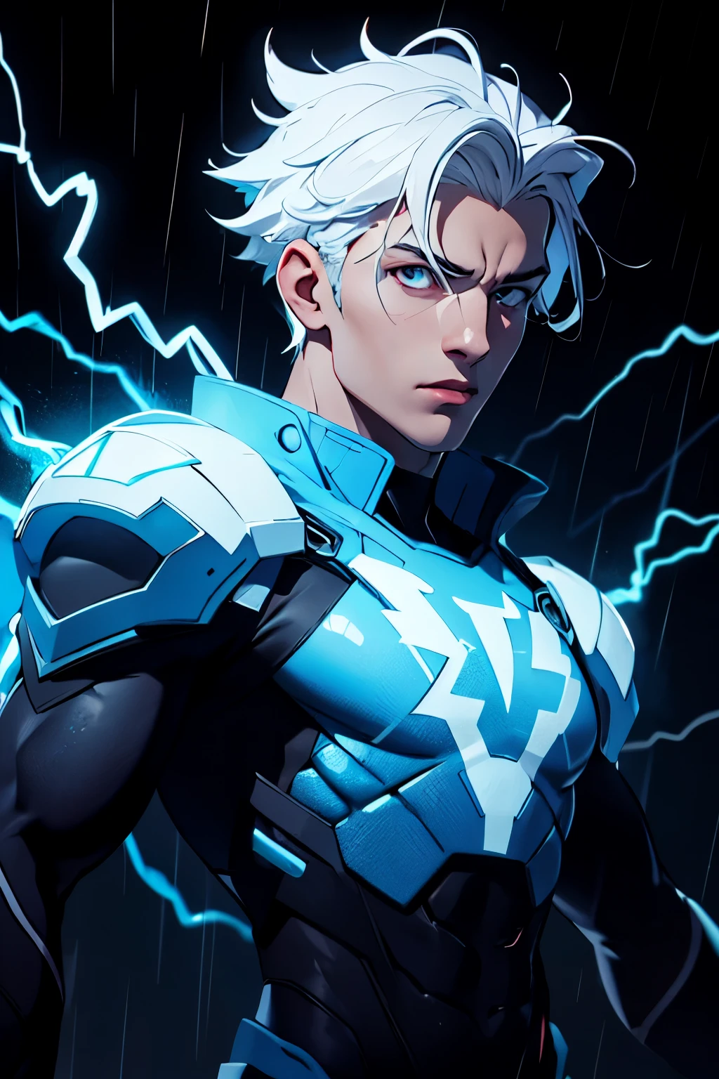 An award-winning original photo, A thin muscular man, (30 years old man:1.3), 1man, Solo, (wearing a (silver lantern) metal suit), (glowing silver ring on a finger), spikes, neon stripes, white hair, muscular, hunk, stubbles, Short beard, (Detailed face:1.3), (beautiful eyes:1.2), Dynamic Angle, volumetric lighting, (Best quality, A high resolution, Photorealistic), Cinematic lighting, Masterpiece, RAW photo, Intricate details, hdr, depth of field, knee-up shot, in space background, beautiful cosmos, energy strands around body, big bulge