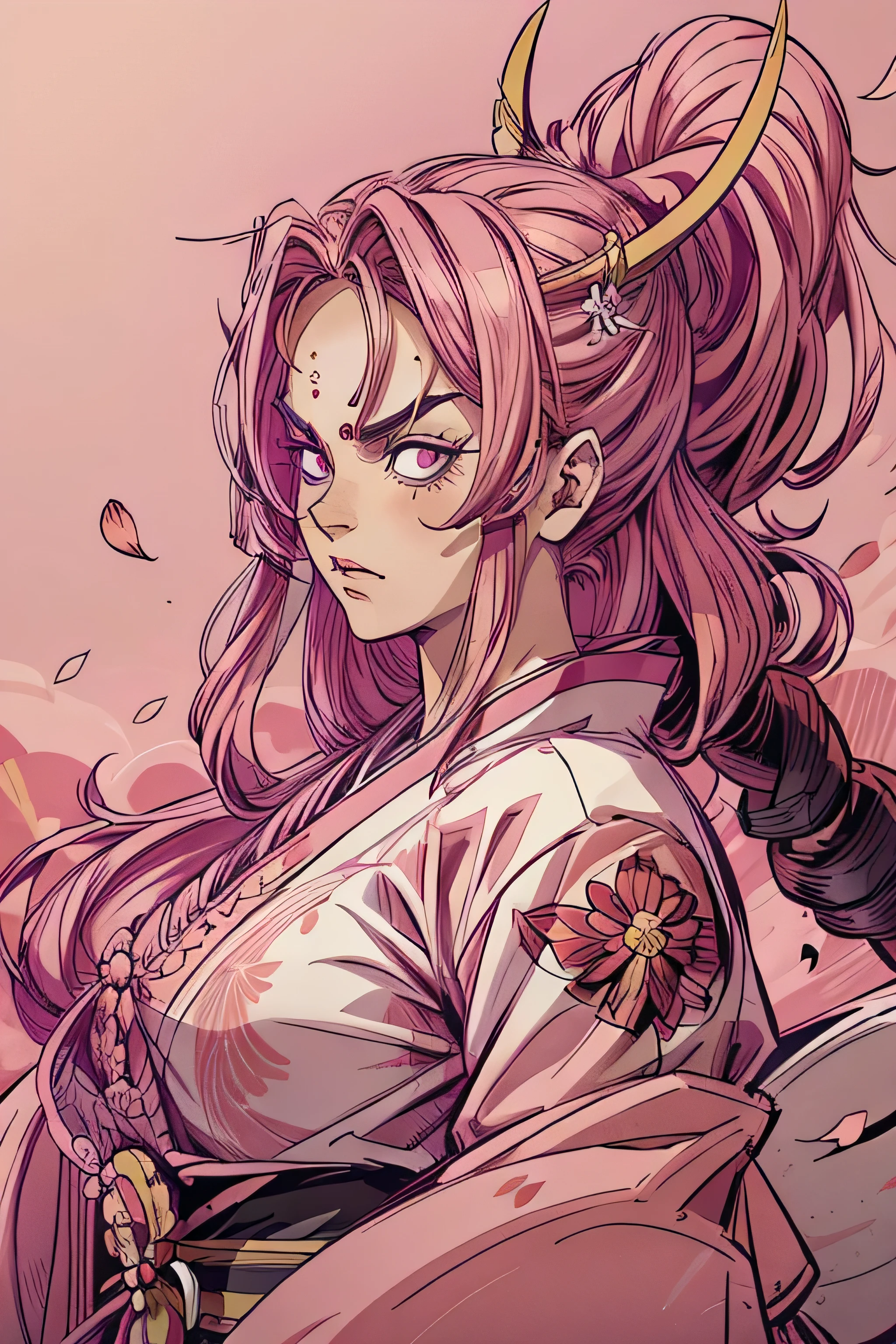 mulher samurai, cabelo loiro, mechas rosas no cabelo, angry expression, look of hatred, looking directly at the camera, paleta de cores rosa, flores cerejeira, cherry petals, with samurai mask, rosa pink, .
