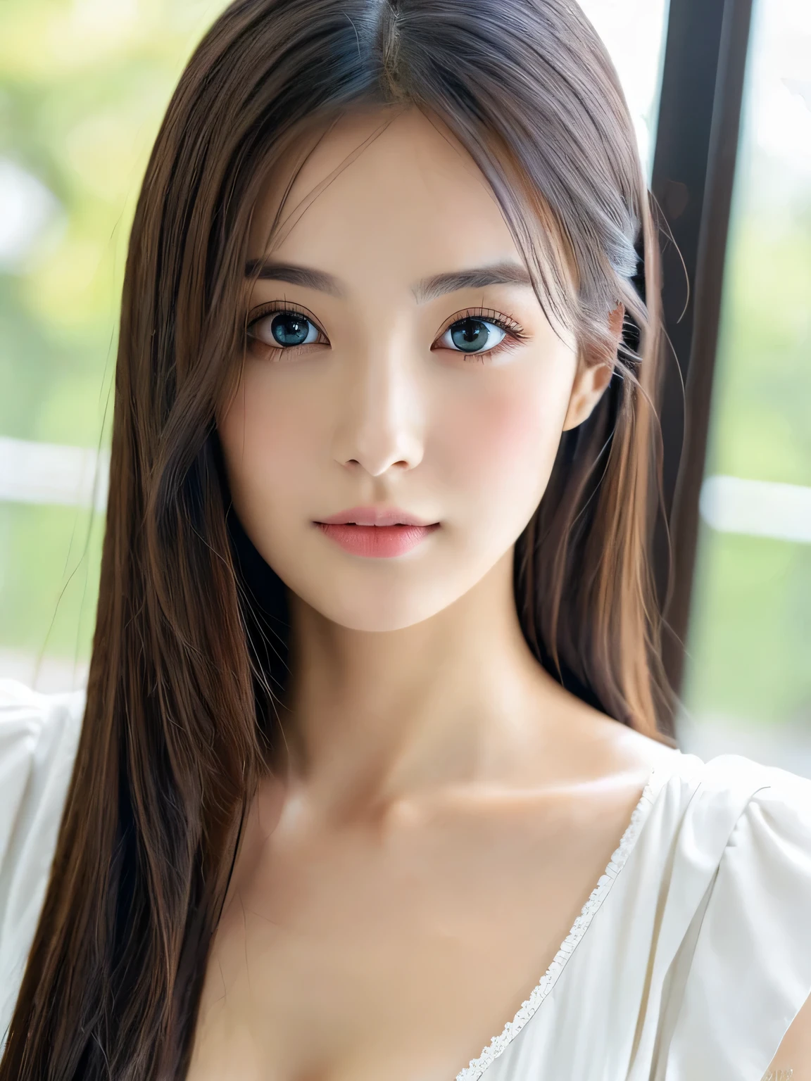 (((32ｋ,high details,high detail、masterpiece,attention to detail,alone))),Raw photo & realistic atmosphere,beautiful dark blue eyes,detailed mouth,glossy lips,thin eyebrows,fine eyes、Soft white skin that shines in every detail、her deep black eyes are so beautiful,lip details、very beautiful face,very well-shaped face、lifelike face,shining beautiful lips,beautiful eyebrows,infinite reality, Realistic young gravure idol,she&#39;she&#39;she&#39;she&#39;she&#39;she&#39;s a very cute woman , young gravure idol, young gravure idol, Very beautiful and cute 22 years old beautiful girl,incredibly beautiful and classy，22 years old beautiful girl,natural soft light,（shiny hair,,Beautiful and kind eyes：1.5）,gentle smile,well-shaped chest,medium long hair,tie hair,beautiful posture,no makeup,think ahead,A little camera gaze
