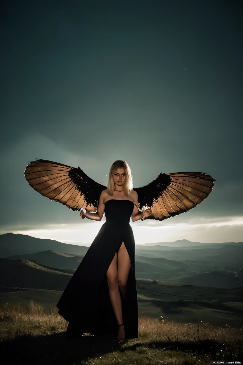 Gere uma imagem de uma mulher branca, com cabelos ruivos e olhos vermelhos, emanando uma aura misteriosa e sinistra. She is dressed in a black colonial era dress, que flui ao vento, but with a gothic and macabre touch. Nas costas dela, there is a pair of big bat wings, which give the scene a dark and otherworldly feel. Your nails are long and sharp like claws, suggesting a predatory or supernatural nature. She is standing on the remains of a devastated medieval tower, queimada ou desmoronada, em uma noite de lua vermelha, where the sky is tinged with a sinister and otherworldly hue. The scene should convey a sense of mystery, perigo e poder, with the woman as a central and enigmatic figure in this dark and desolate environment((Melhor qualidade)), ((obra de arte)), (detalhado).