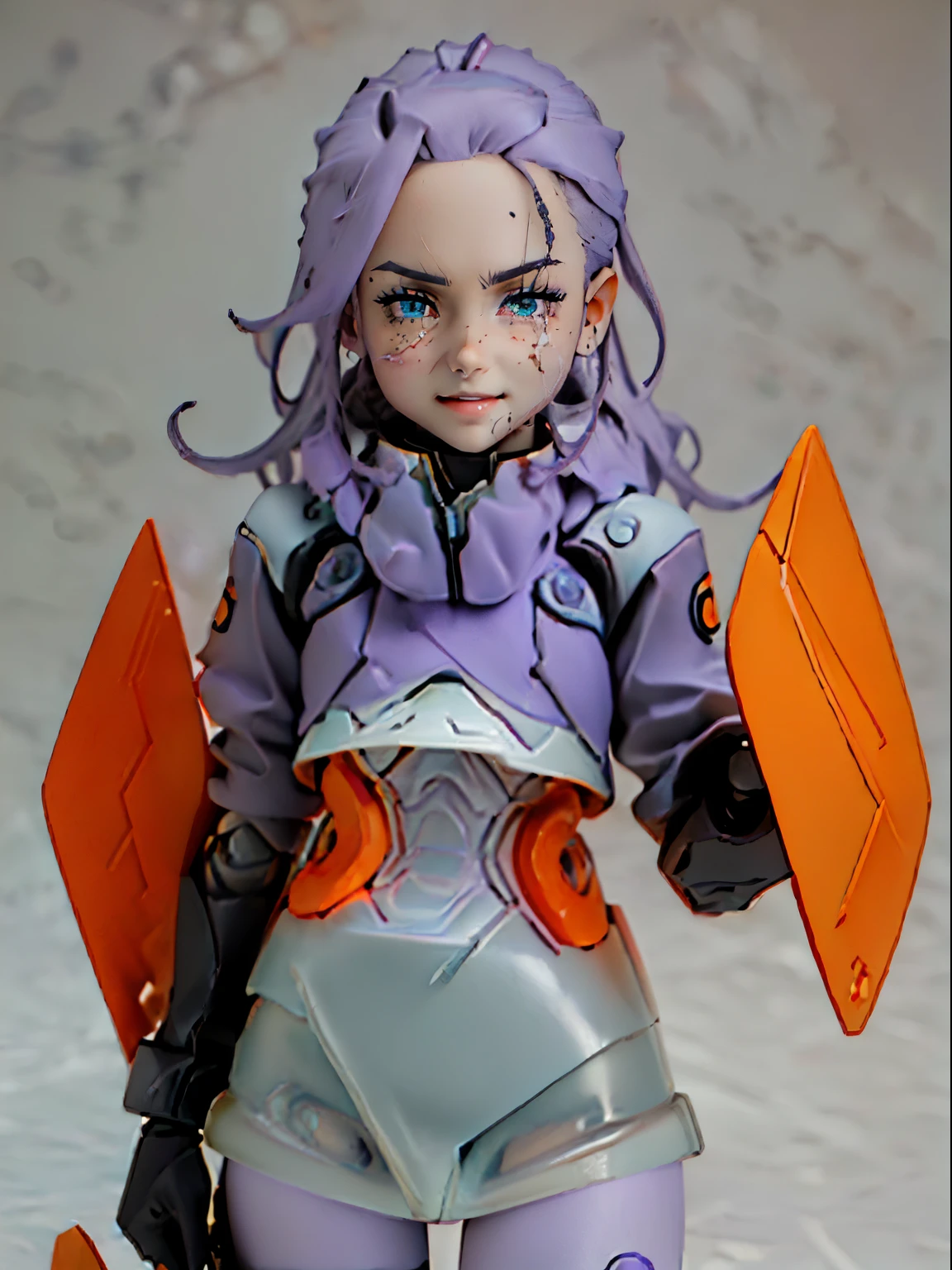 (best quality:1.15), (masterpiece:1.15), (detailed:1.15), ((Full Body photo)), A pop up parade figure, Hasbro, Takara Tomy, and Kotobukiya! by Shunya Yamashita, Seki Yudai, PVC, 3d, 8k, high resolution, Unreal Engine, high saturated colors, ( highly detailed figure ), full body close-up shot, anime figurine, official product photo, glowing brown eyes, perfecteyes , ((a woman wearing a dark purple clingy outfit and a bright dark purple jacket with orange thight pants, knee pads, elbow pads, gloves stylized with spikes, dark purple sneakers)), colored, candypunk character design, candypunk, streets of rage character, street fighter, very stylized character design, Ultra sharp resolution, gorgeous, beautiful detailed eyes, expressive eyes, cute, fighter girl, concept art, intricate details, highly detailed, photorealistic, octane render, 8 k, unreal engine. ((glowing eyes)) ,black goth makeup, (short orange hair), ((full body photo)), dynamic fighting pose, dynamic, smilling, with a cute smile, very expressive, simple white background