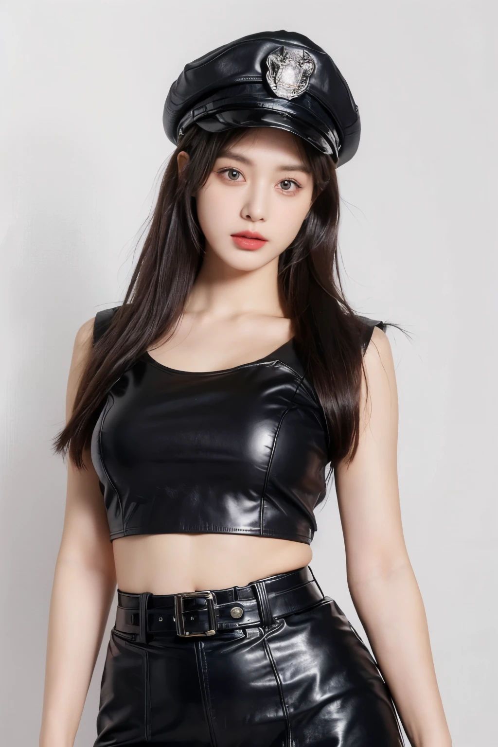 (lifelike,high resolution:1.3), A slim girl, The face shape and eyes are super delicate,black hair,red glossy lips,(beautiful face), (best quality), (Super detailed), (Extremely detailed CG unified 8K wallpaper),(White background),sexy look,big eyes,(standing),sexy pose,Character centered,(female officer),(Deep cleavage),(Black Officer uniform, Black officer hat)(,leather skirt),(Officer clothes),(epaulettes),(Photos from the waist up)