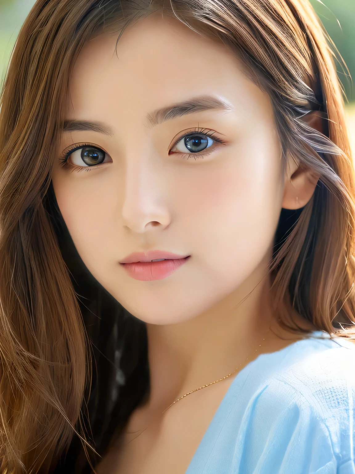 (((32k,high details,high detail、masterpiece,attention to detail,alone))),Raw photo & realistic atmosphere,beautiful dark blue eyes,detailed mouth,glossy lips,thin eyebrows,fine eyes、Soft white skin that shines in every detail、her deep black eyes are so beautiful,lip details、very beautiful face,very well-shaped face、lifelike face,shining beautiful lips,beautiful eyebrows,infinite reality, Realistic young gravure idol,she'she'she'she'she'she's a very cute woman , young gravure idol, young gravure idol, Very beautiful and cute 22 years old beautiful girl,incredibly beautiful and classy,22 years old beautiful girl,natural soft light,(shiny hair,,Beautiful and kind eyes:1.5),gentle smile,well-shaped chest,medium long hair,tie hair,beautiful posture,no makeup,think ahead,