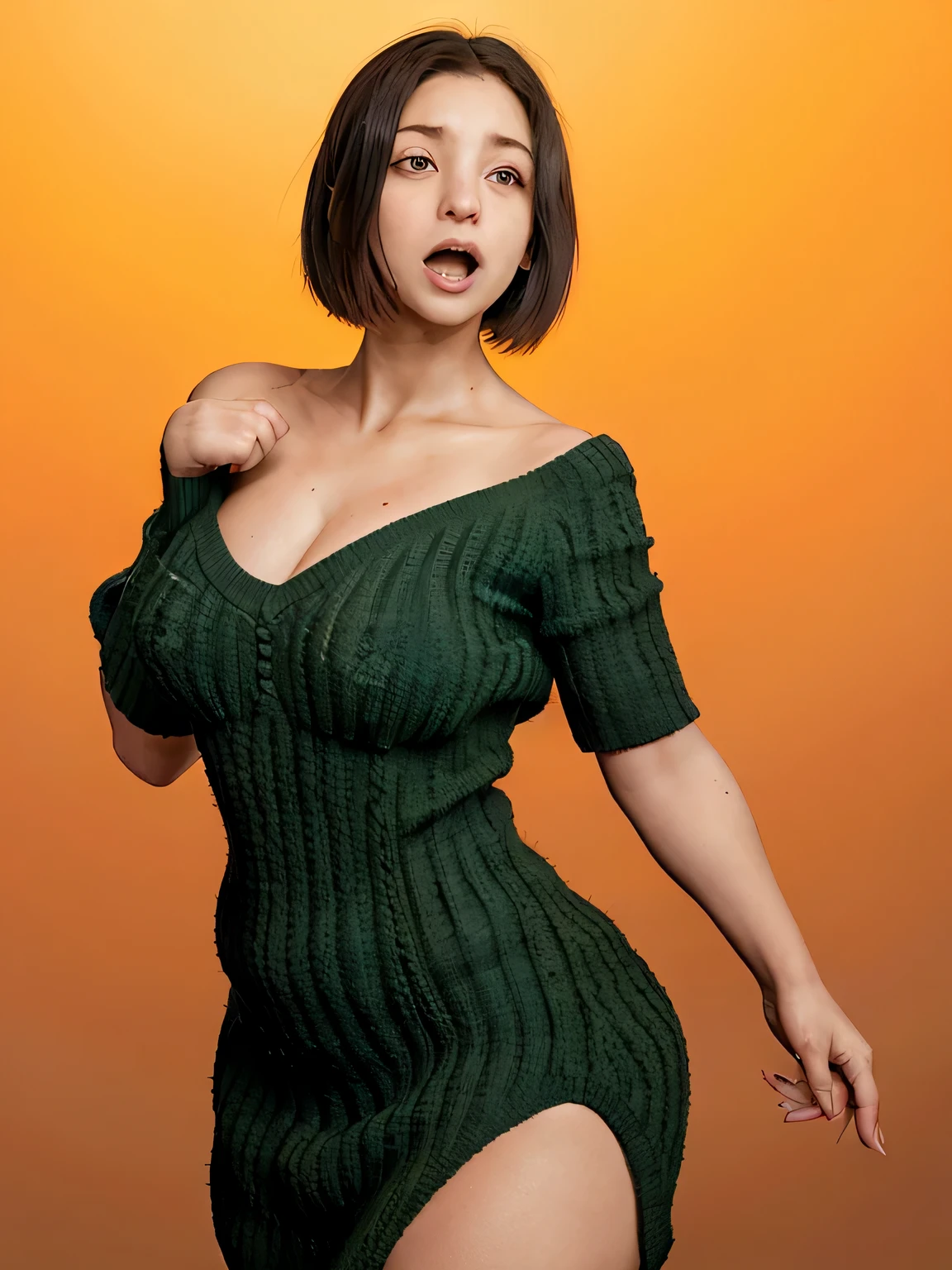 cuerpo completo, pelo canoso, ((Dragon: 1.2)), cabeza roma, obra maestra, Mejor calidad, arte oficial, Fondo de pantalla CG Unity 8k muy detallado, 1 chica, super high resolution, (Realism: 1.4), primetime lighting, sweater dress, (parte superior del cuerpo), (sagisar: 1), (pelo corto platino: 0.8), (Ojos hinchados)), mirando a la audiencia, mirando hacia adelante, sonriente, laugh, pechos enormes, arriba, guantes, cabello corto, piernas largas y delgadas, medias de malla negras, Tacones altos negros, muslos abiertos, sentado frontalmente