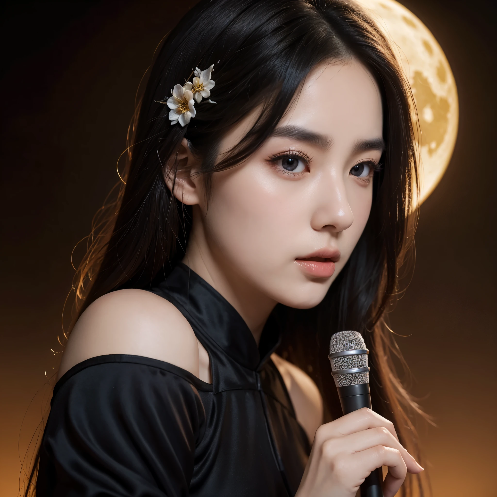 A woman in a black dress and a full moon, with a microphone, palace, girl in Hanfu, beautiful detailed eyes, beautiful detailed lips, extremely detailed eyes and face, long eyelashes, oil painting, vivid colors, high-res, extreme detail description, realistic, portraits, xianxia fantasy, ancient beauty, Guwei style work, inspired by Li Mei-shu