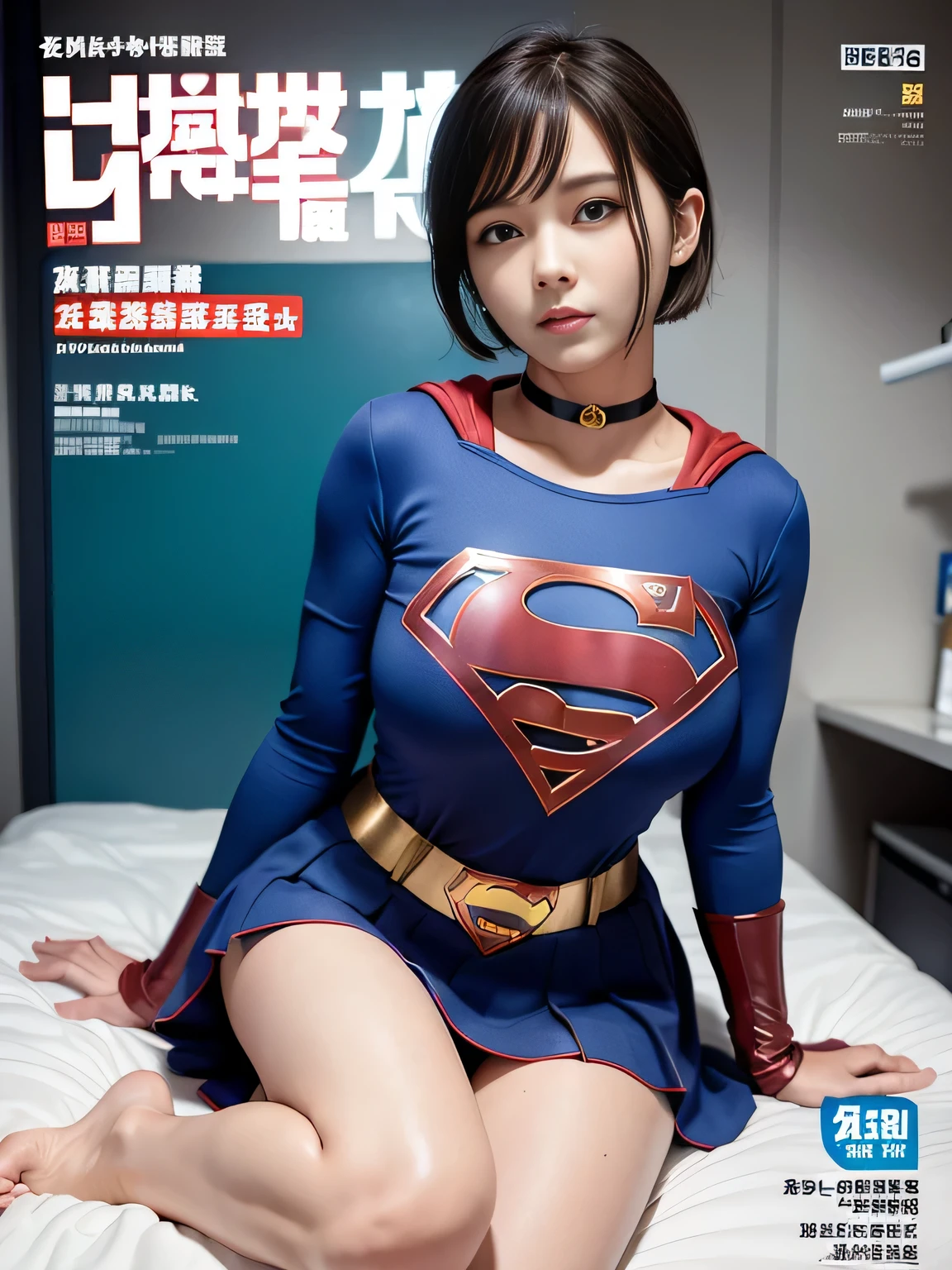highest quality、masterpiece、Short-haired Supergirl sleeping in the operating room、plump breasts、look at the camera、choker、barefoot、Weekly magazine cover、High leg、mini skirt、tight costume、confused、wide open legs、obscene、Show me a glimpse、long sleeve、