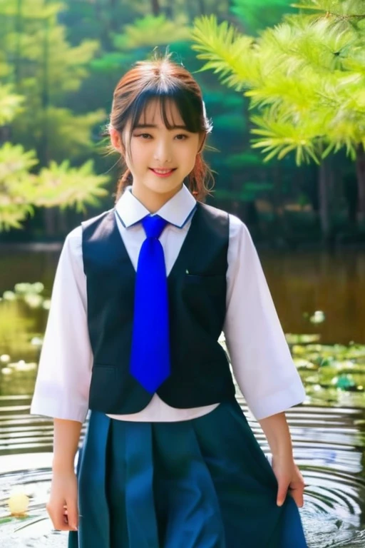obra maestra、calidad de imagen de alto nivel、alto detalle、japonesa de cuerpo completo、uniforme de verano、Blue tie、una falda azul、Una chica hermosa, chica de secundaria、15 year old student、peinado con flequillo、buenas vistas、Blue swamp in the coniferous forest belt、Beautiful girl walking on the water and coming here、belleza, luminosa,adorable、preciosa, oriental, luces laterales、noise reduction、Soft, pale light、brillo difuso、

